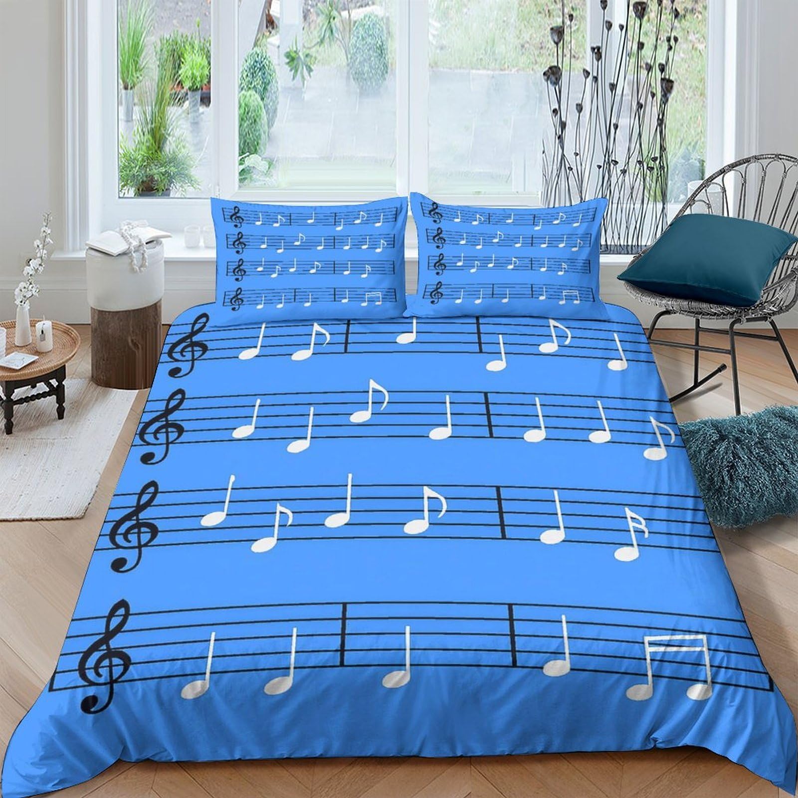 GPLZQXKJNH 3D Printed Music Notes Duvet Cover Microfiber Soft Blue Musical Staff Bedding Set with 2 Pillowcases for Bedroom Decor Single（135x200cm）