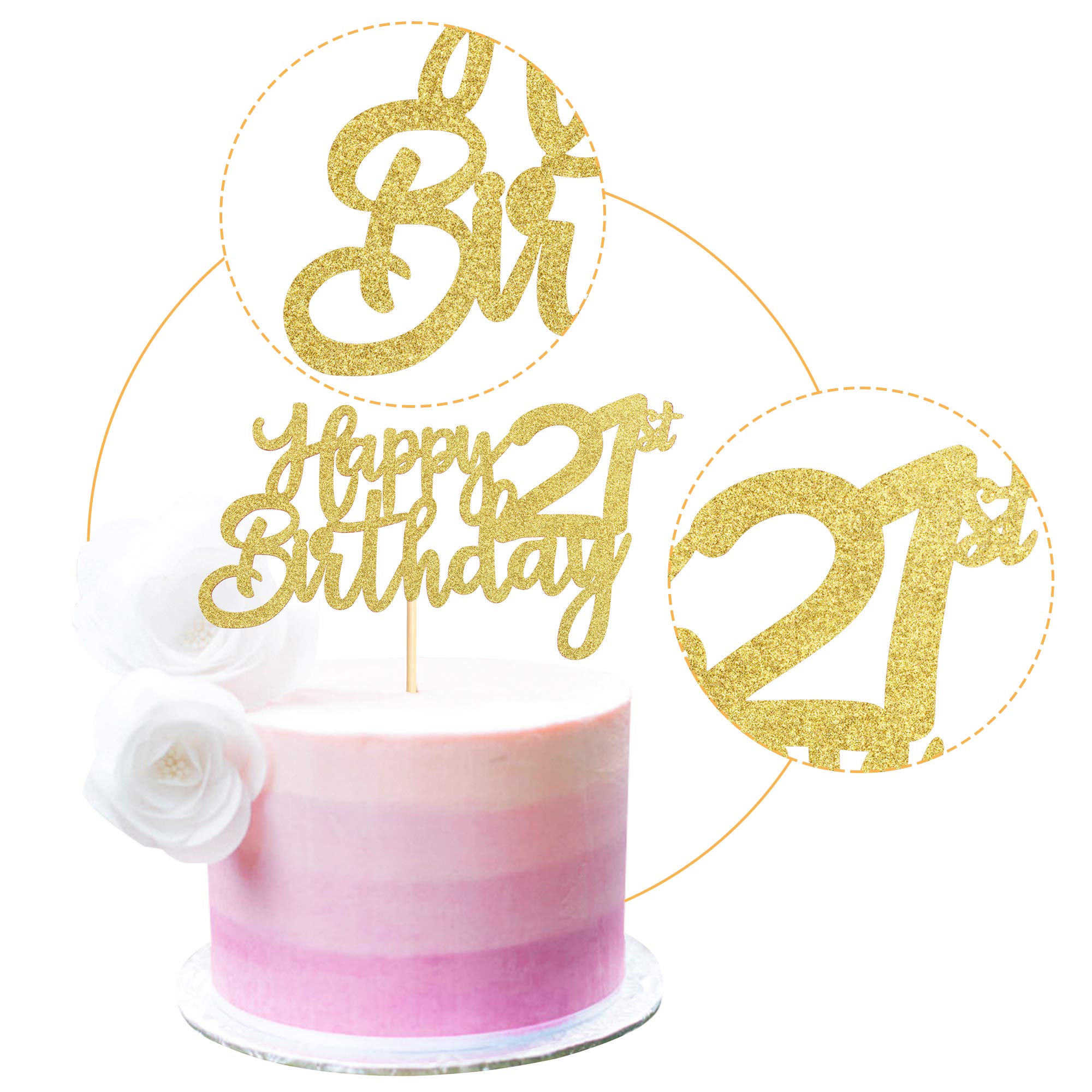 Unimall Gold Glitter 21st Happy Birthday Cake Topper Adult Food Picks for Celebrating Twenty-one Years Old Birthday Anniversary Party Decorations Supply