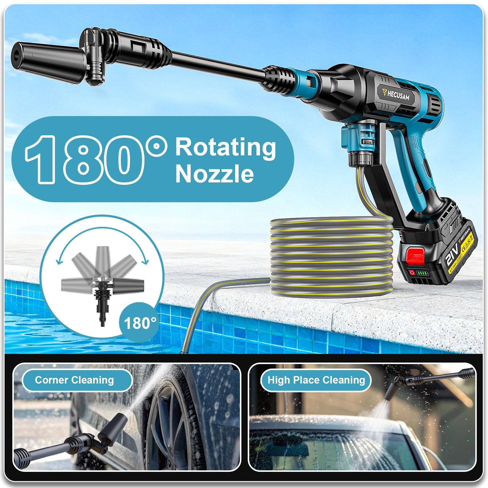 Akku Hochdruckreiniger,3000W Bürstenloser Motor 4-Gang-Modus Max 125Bar,Druckreiniger Mobiler mit 2x4.0Ah Batterien,6-in-1und 180° Drehbare Düse,Schaumsprüher, Reinigungsbürste,Reinigung Bewässerung