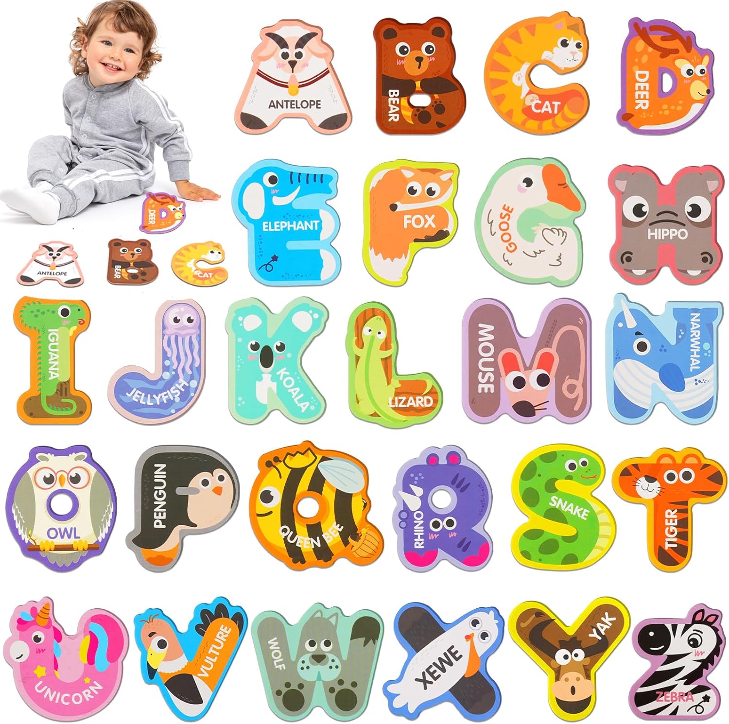 Magnetic Letters for Toddlers 1-3, 26PCS Cute Animal Alphabet Magnets Letters Learning Toys for Toddlers 1-3 Uppercase ABC Magnets for Refrigerator Best Gifts for Birthday Easter Basket Stuffers