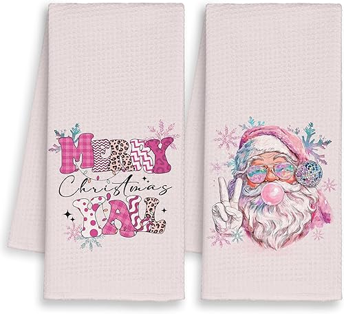 Pink Merry Christmas Y'all - Juego de 2 toallas de cocina de Papá Noel, divertidas toallas de mano retro para decoración de baño de niñas, toalla de