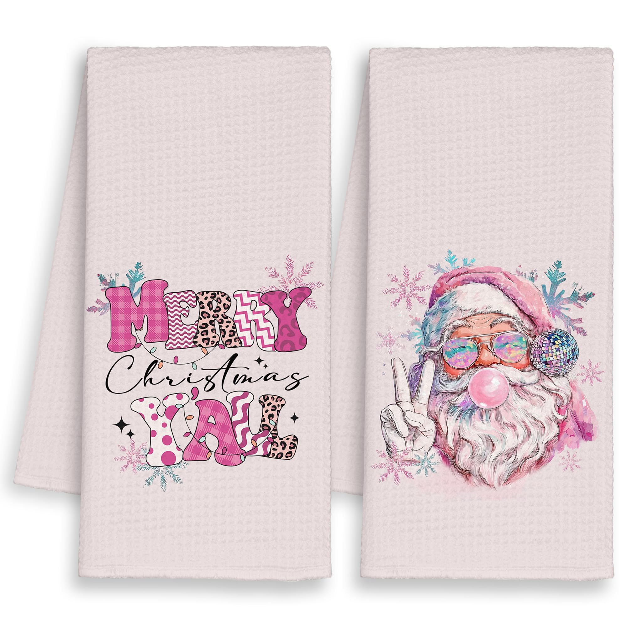Pink Merry Christmas Y'all Santa Kitchen Towels Set of 2, Funny Retro Disco Hand Towels Decor for Girls Bathroom, Trendy Dish Towel,Coquette Preppy Tea Bar Towel for Dorm Holiday Home 16x24in
