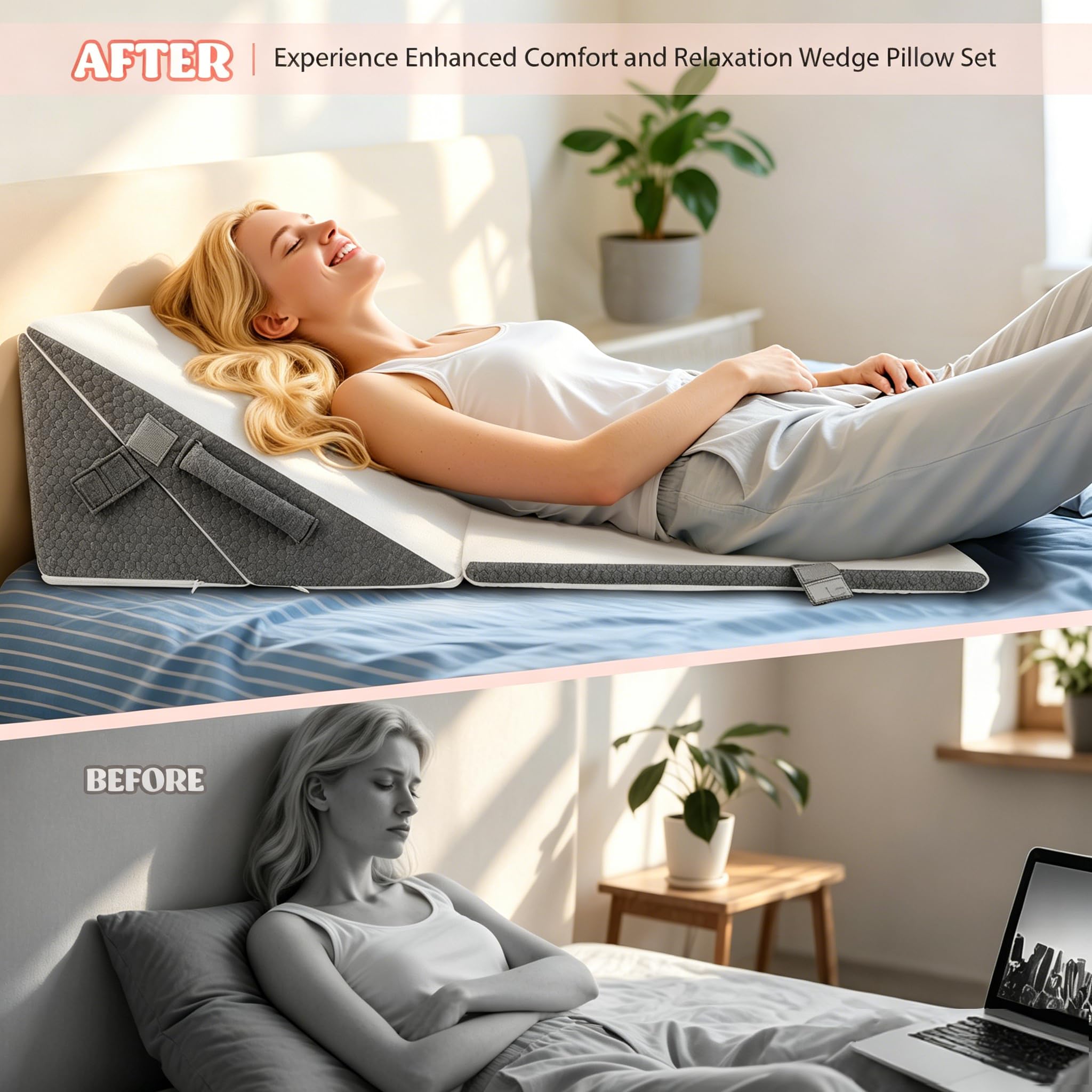 Cojín ajustable en cuña, 3 unidades, espuma de alta densidad para cama y sofá, cuña ergonómica para apnea del sueño por reflujo, almohada para piernas, cojín de espalda para leer, jugar o ver