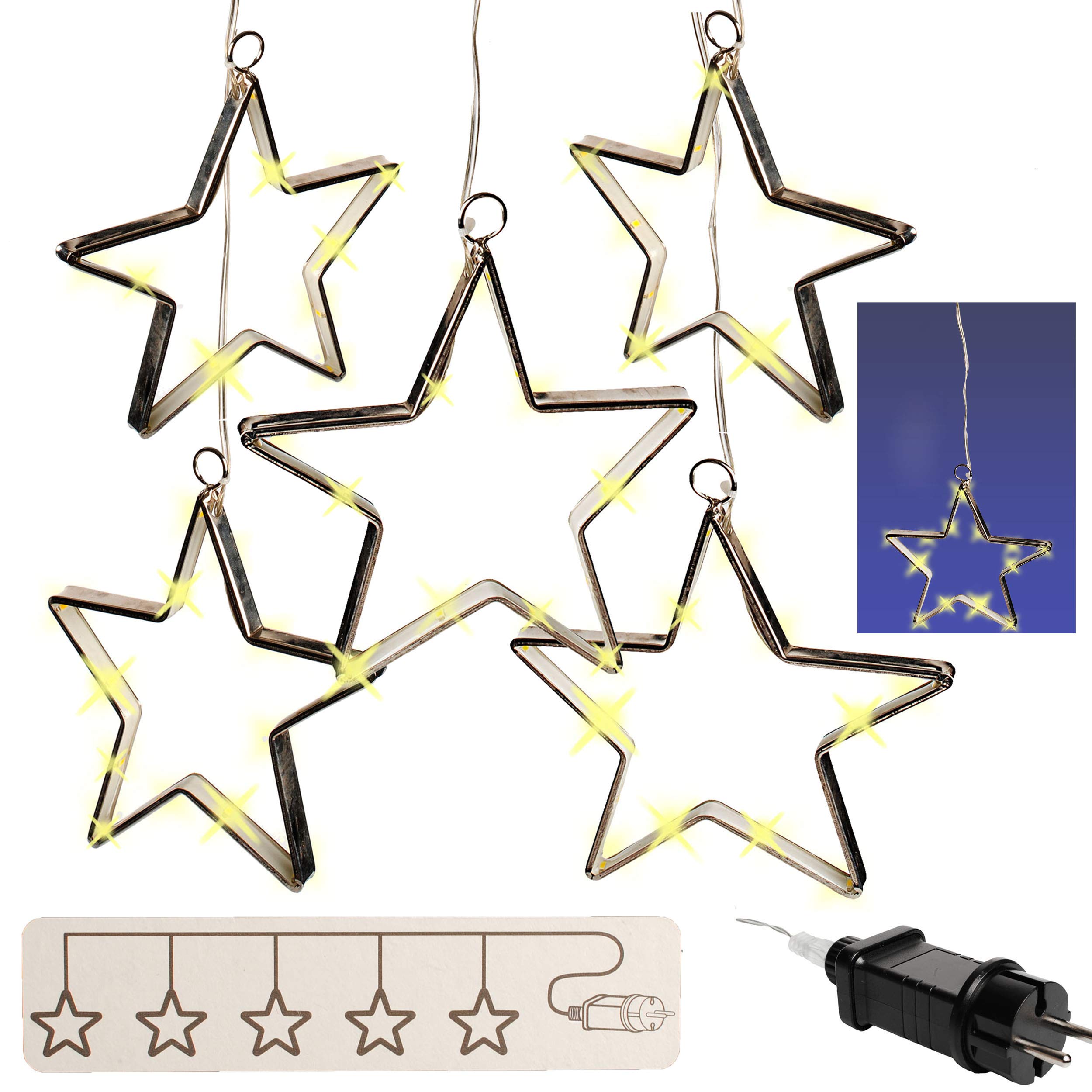 alles-meine.de GmbH 2 Stück Lichterketten - 5 Stück LICHT Dekosterne - warmweiß - Stern JE 15 Stück LED - Außen & Innen - 7 Meter - Außenlichterkette - Lichterstern mit Beleuch..