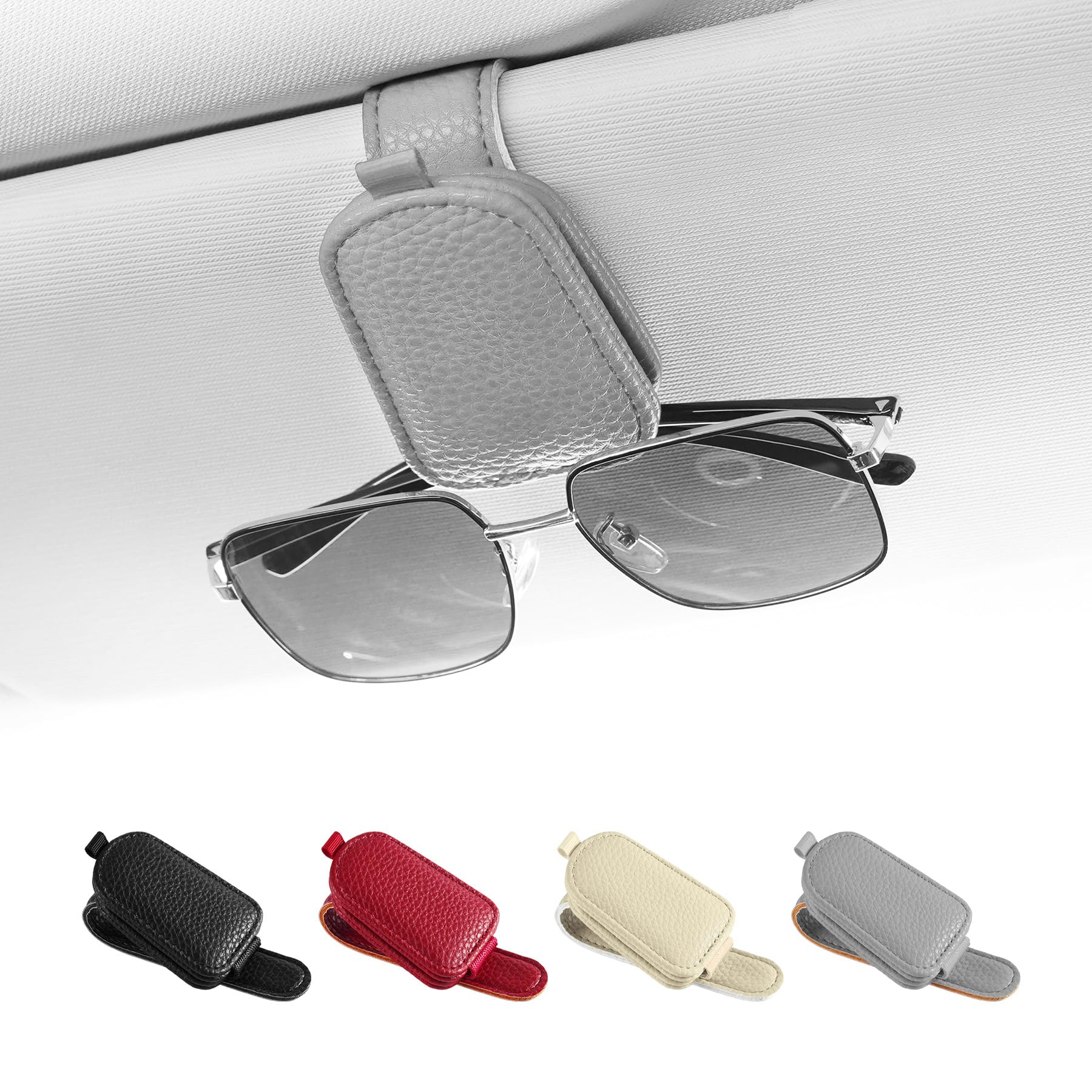 Sunglasses Holder for Car, Leather Magnetic Buckle Sun Visor Sunglass Clip, Ticket Card Storage Glasses Clip, Car Interior Accessories for Men and Women（Gray）