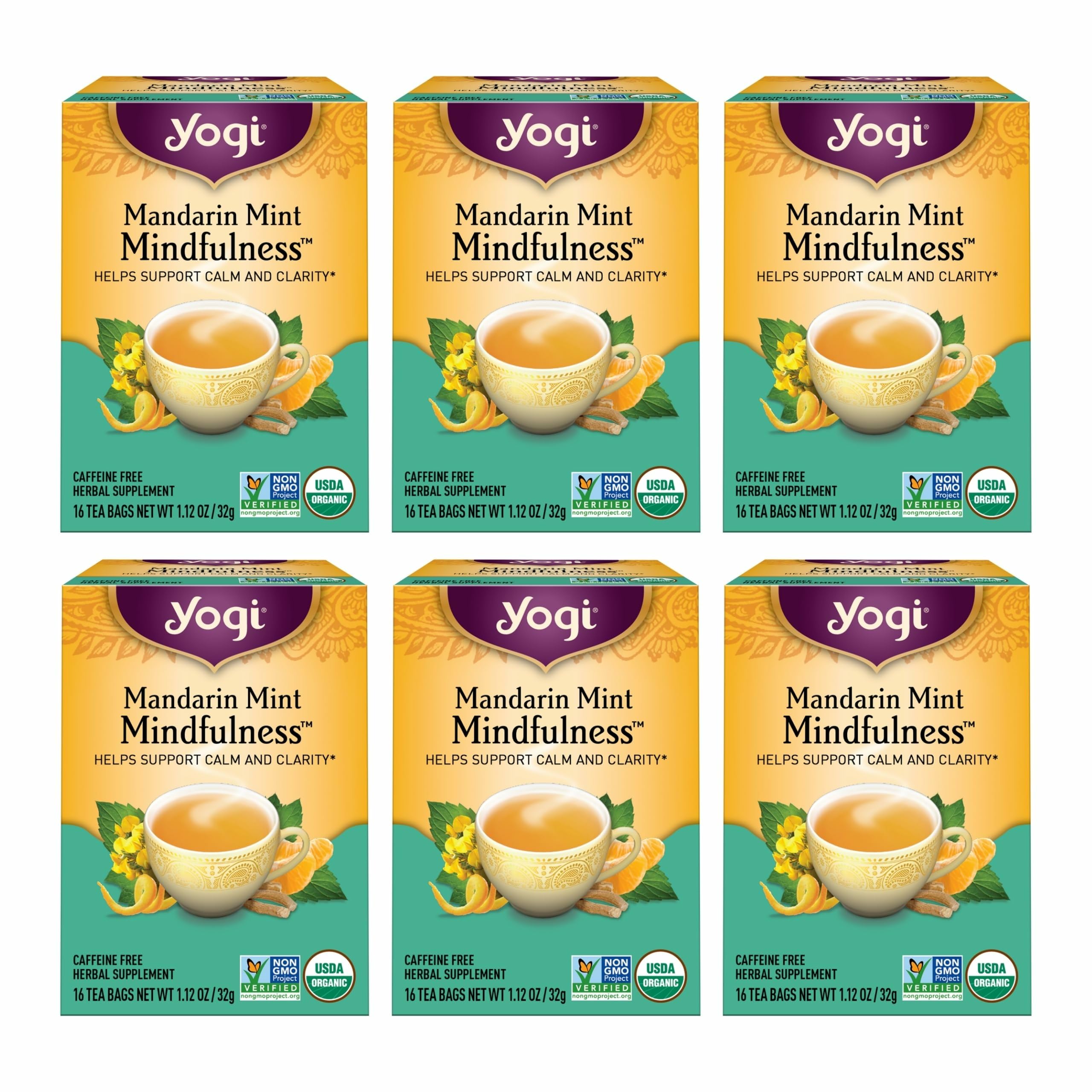 Yogi Tea Mandarin Mint Mindfulness - 16 Tea Bags per Pack (6 Pack) - Organic Mandarin Mint Tea - Calming Herbal Tea - Includes Ashwagandha, Reishi Mushroom, Mandarin, Peppermint & More
