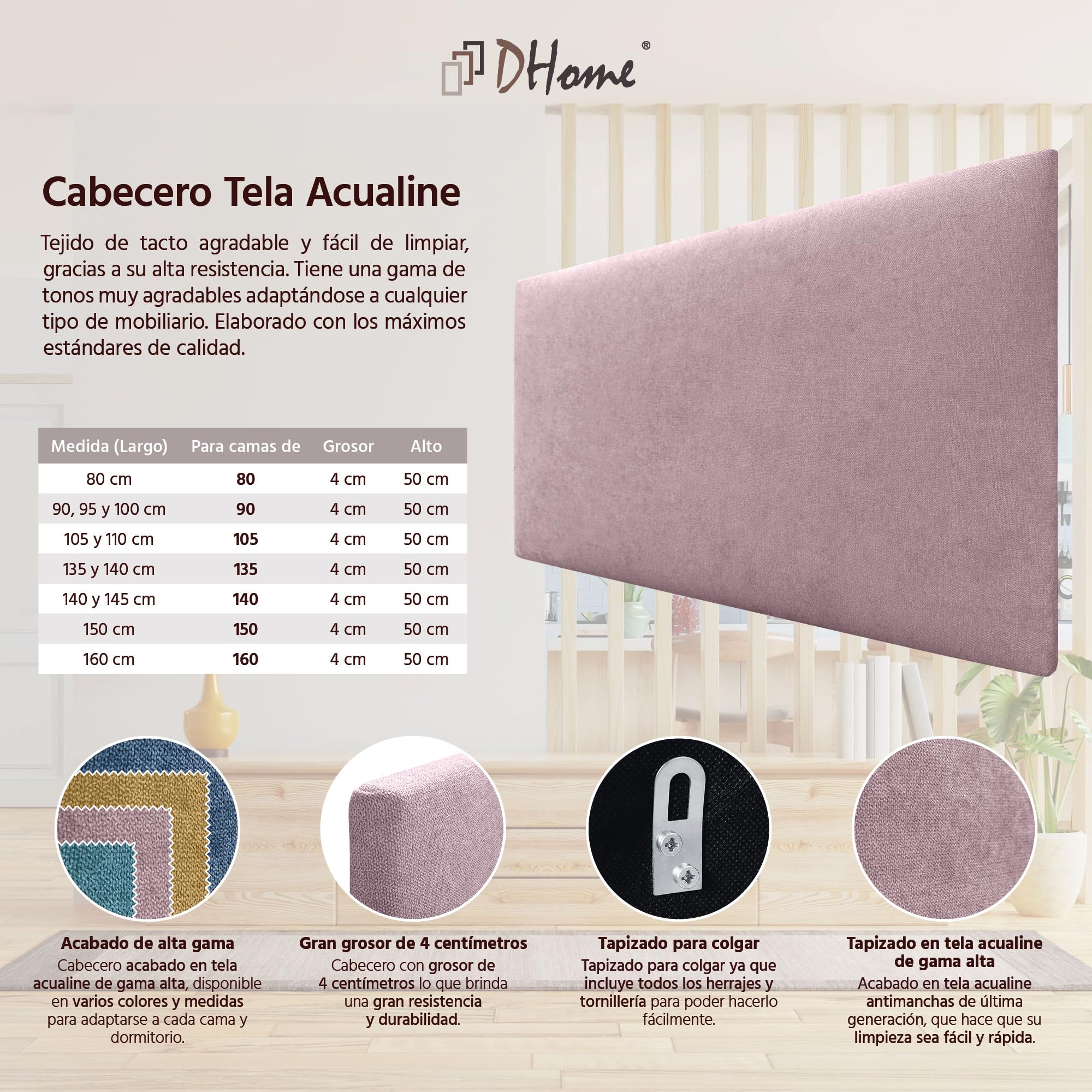 DHOME Cabecero de Polipiel o Tela AQUALINE Liso cabeceros Cabezal tapizado Cama Lujo (Tela Rosa, 105cm (Camas 80/90/105))