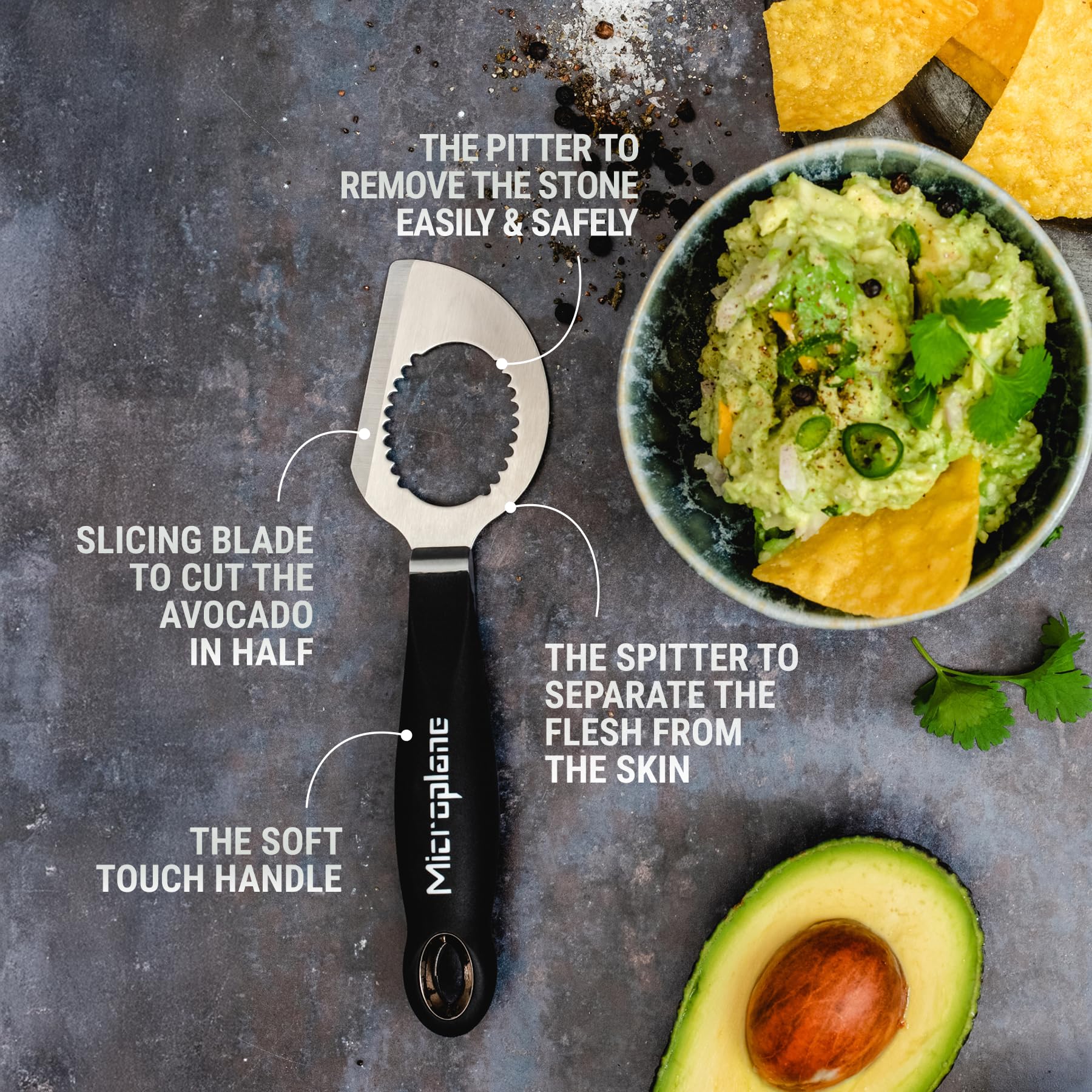 Microplane 3 in 1 Affetta Avocado, Avocado Slicer, Taglia Avocado, Multifunzione Avocado Con Lama In Acciaio Inox | Gadget Di Cucina per tagliare Frutta E Avocado