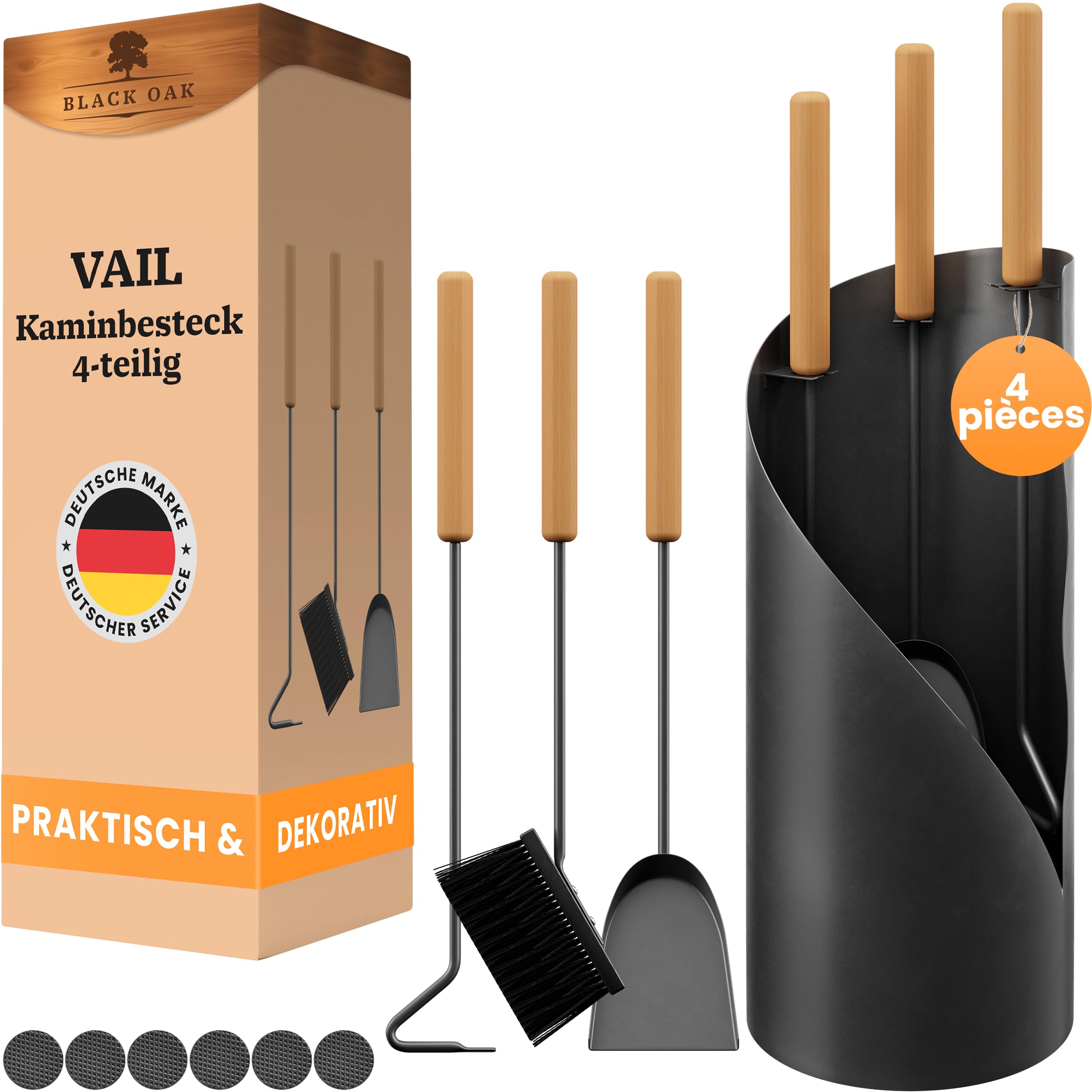 BLACK OAK Ensemble d'accessoires pour cheminée VAIL 4 pièces - ensemble moderne d'ustensiles pour poêle noir avec manche en bois 4 pièces comprenant pelle à cendre, balai à cheminée + support moderne