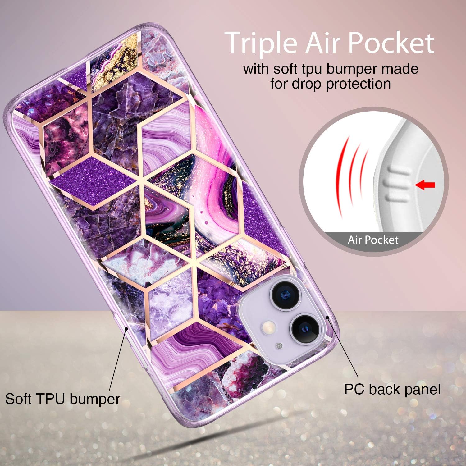 Coolwee Glitter Case for iPhone 11,Rose Gold Foil Stripe Lines,Sparkle Bling,Purple Marble Design,Slim Fit Bumper Glossy Finish Soft TPU Women Girls Protective Cover for Apple iPhone 11 Amethysts