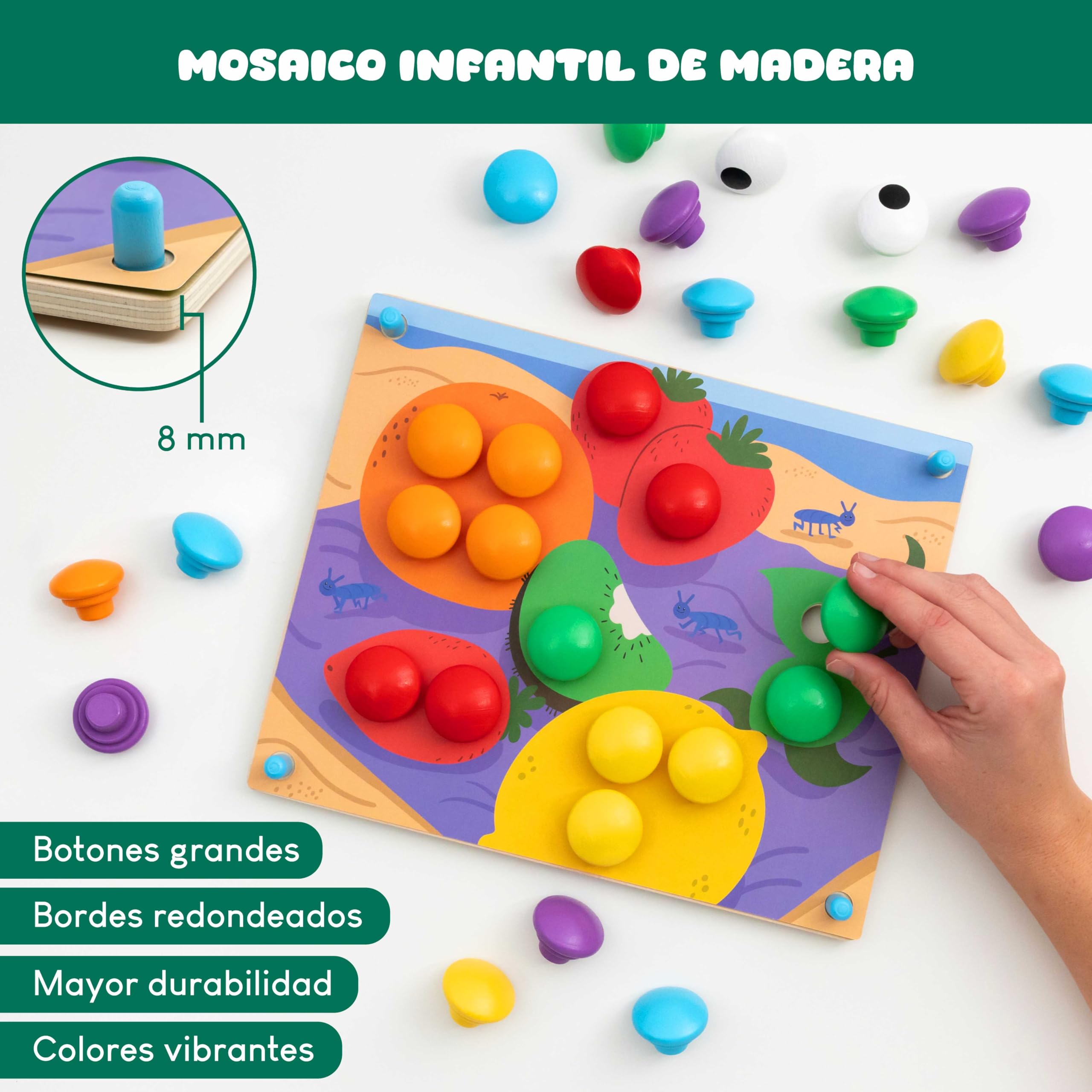 BONNYCO Puzzle de Madera con 50 Plantillas y 32 Botones. Mosaico Infantil para Motricidad Fina, Rompecabezas y Juguetes Niños 2 Años, Juegos Educativos Montessori y Regalos de Cumpleaños