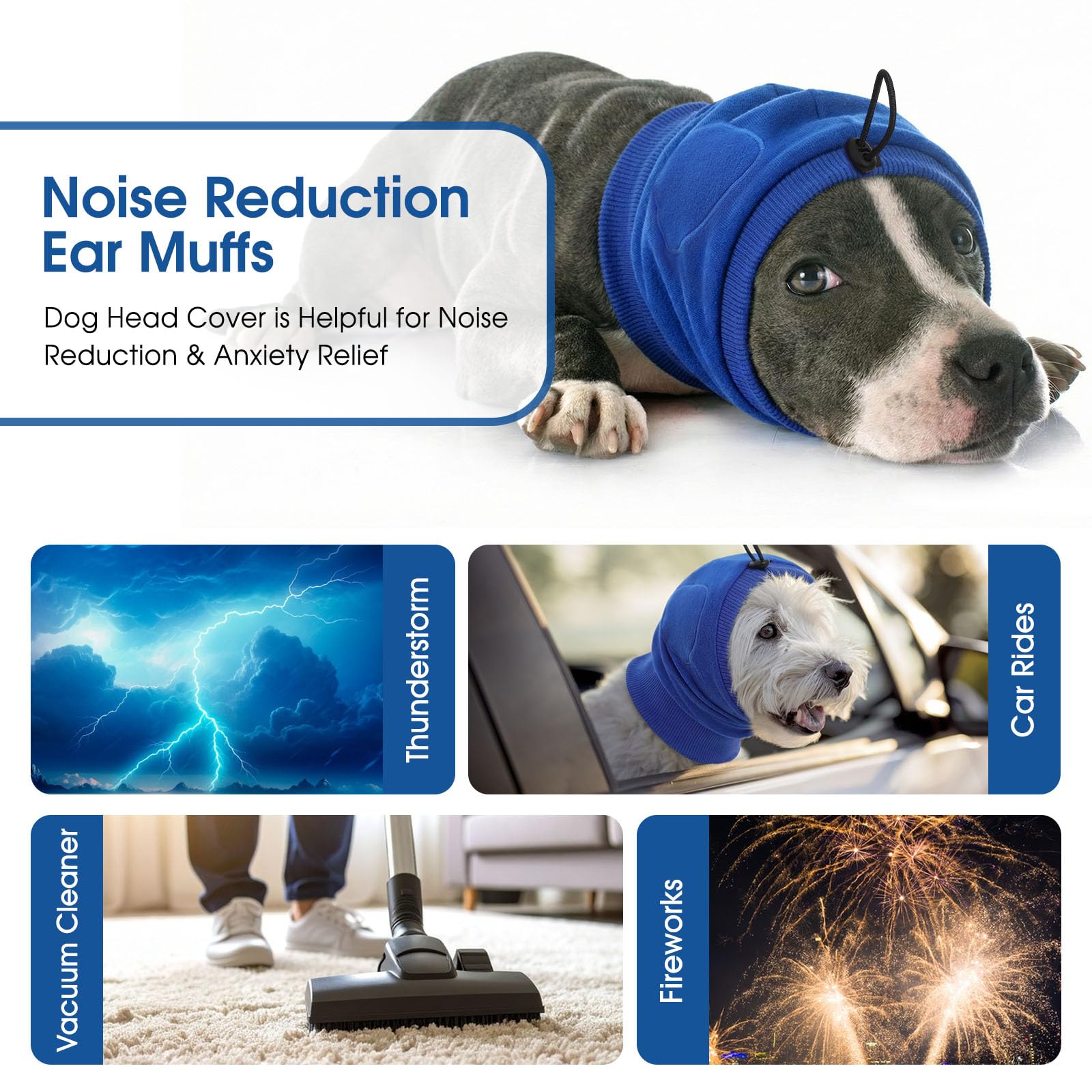 SUNFURA No Shake Ear Wraps for Dogs, Adjustable Dog Ear Cover with SoundProof Pads, Anxiety Relief Pet Ear Muffs Noise Protection Dog Calming Hoodie for Hematoma, Grooming, Fireworks, Thunder, Blue M — view 2