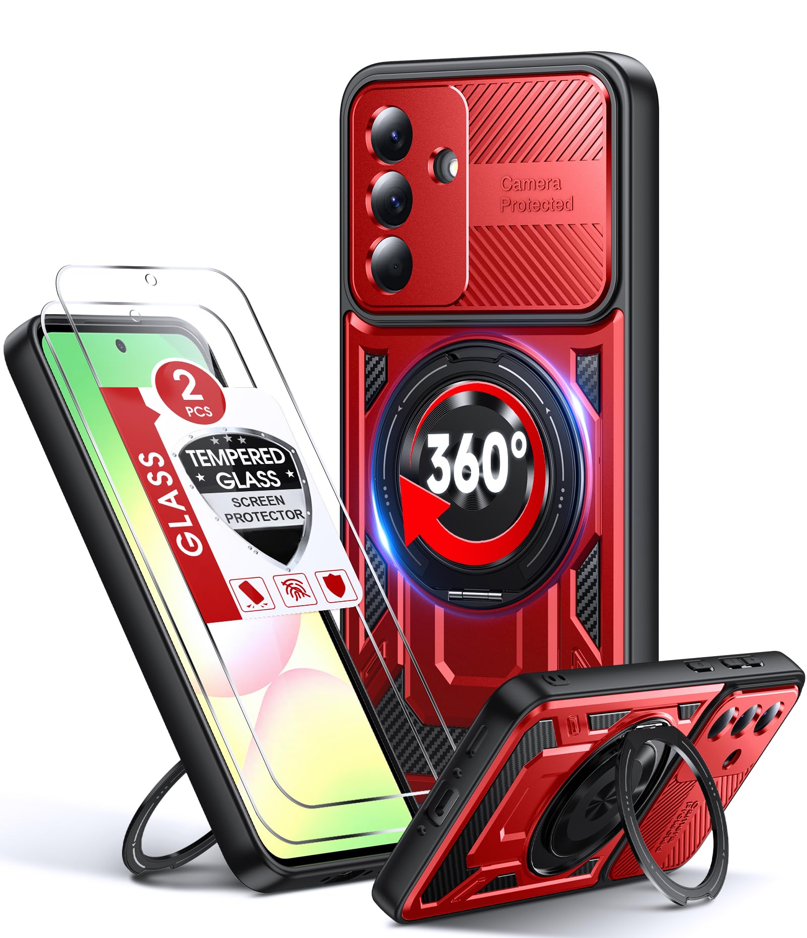 LeYi Handyhülle für Samsung Galaxy A56 5G / Samsung A36 5G Hülle mit 2*Schutzfolie, TPU Militärqualität Kameraschutz Schutzhülle, 360° Drehbar Metall Ring Stoßfest Case Cover Rot