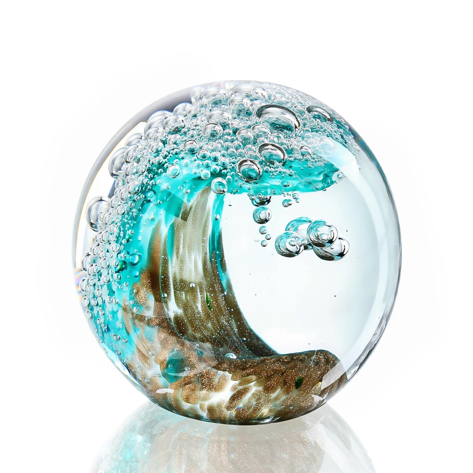 ZEERSHEE 2.3in/60mm Hand Blown Glass Ball Green Ocean Wave Desin Crystal Ball Unique Ocean Themed Collectible Office Home Table Paperweight Gift for Nature Lovers