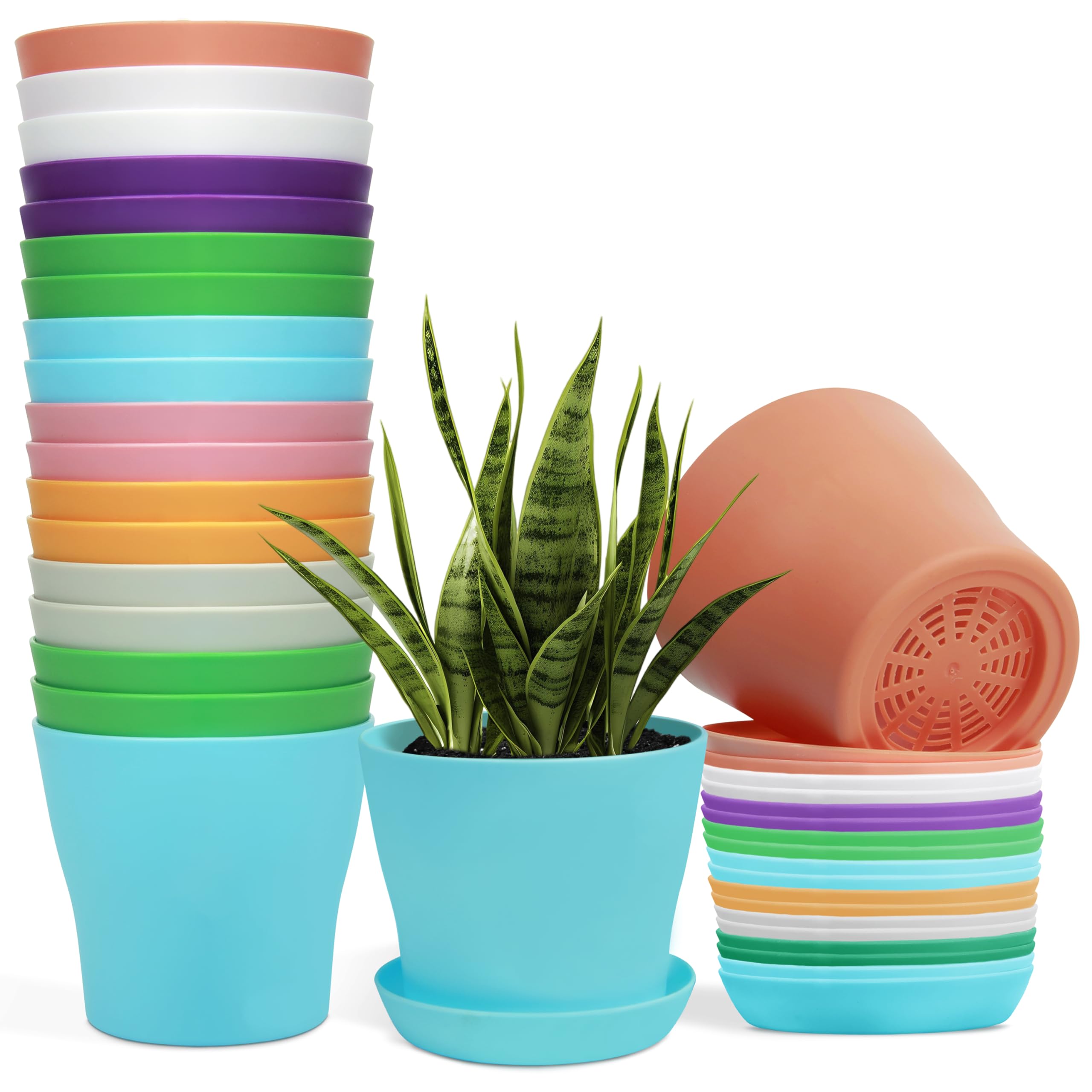Winter Shore Macetas de Colores de 9,5 cm con Platos [Pack de 20] - Macetas Plastico Impermeable y Duradero 8 Colores Agujeros Drenaje - Tiestos para Plantas Interior y Exterior Hierbas y Semilleros