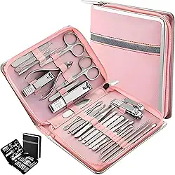 Kit Manicure e Pedicure com 26 Pçs - Alicate de Unha, Palito, Desencravador, Tesourinha, Espátula - Matetrial Durável em Aço Inox - Para Cuidados Pessoais com as Mãos Pés e Rosto, e Presente Criativo Unissex (Rosa)