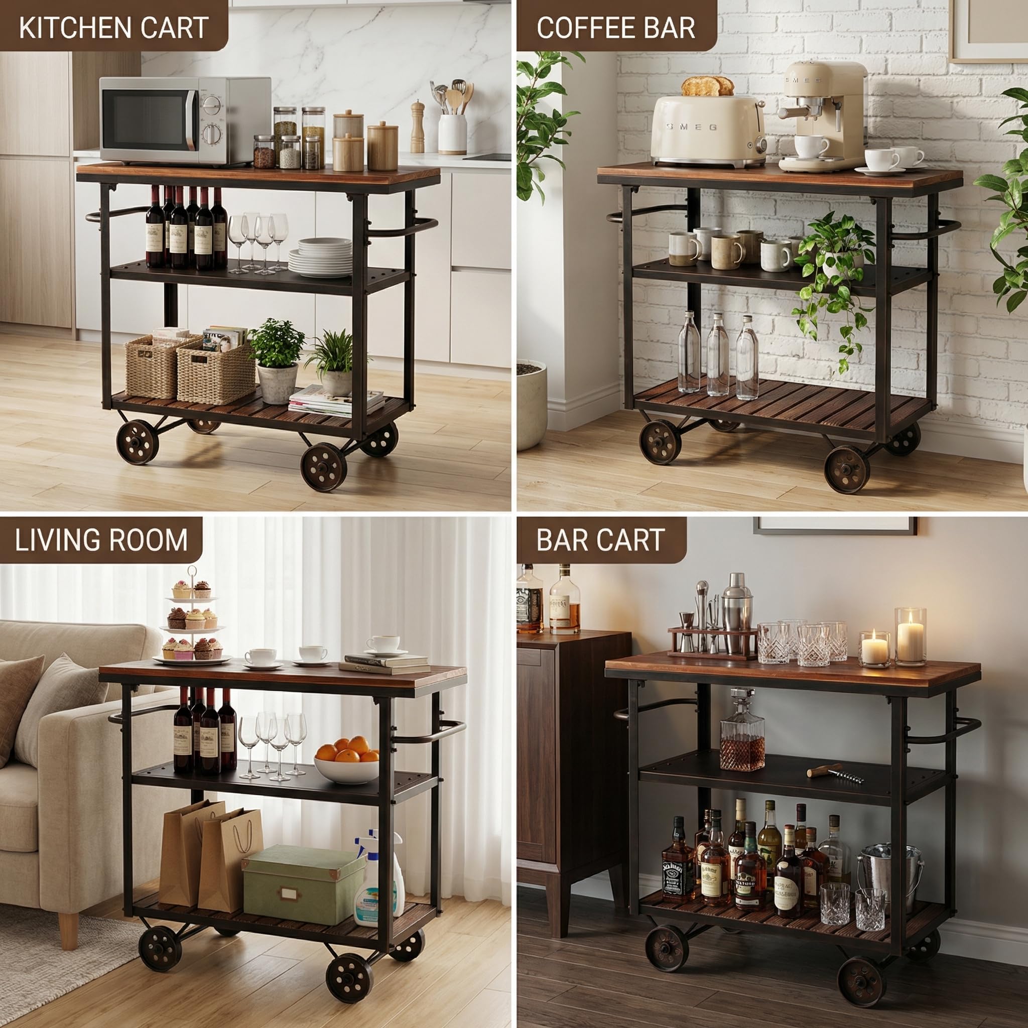 Farmhouse Mobiler Wagen mit Rädern für Zuhause, Küche, industrieller Rollwagen für Lebensmittel, Outdoor, Vintage, Holz und Metall, Design, Mehrzweckwagen im Büro, Kaffeehaus, 3 Etagen mit 2
