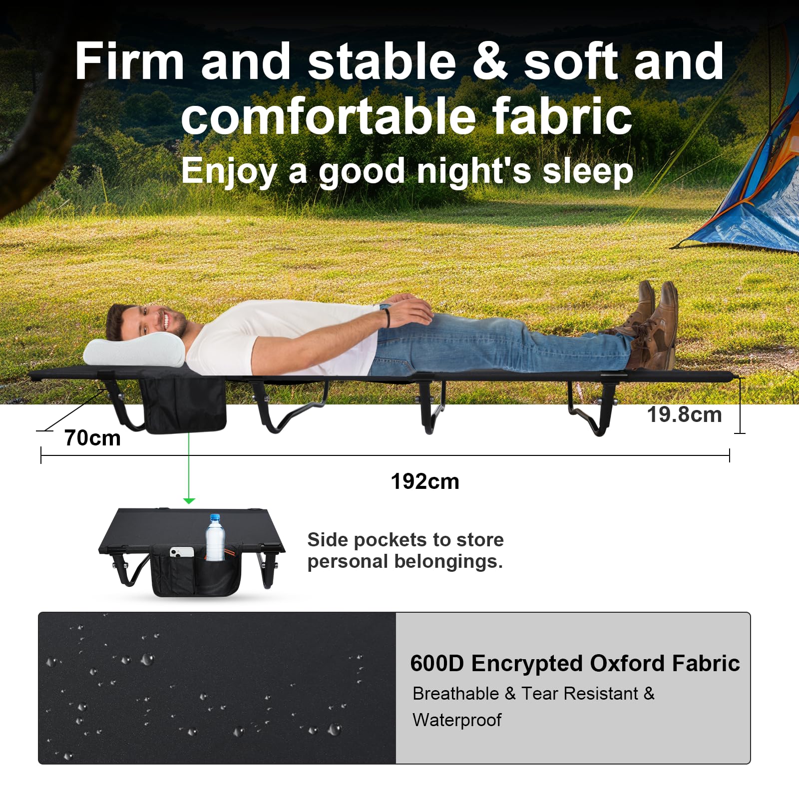 Ultraligera Cama Plegable Camping, 4 Patas Soporta 160KG | Portátil Cama Camping Plegable, Fácil de Montar, para Camping, Viajes al Aire Libre, Senderismo, Hogar, Montañismo, Negro