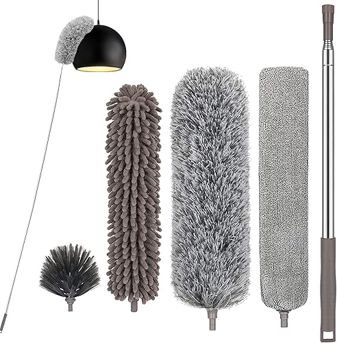 VMVN Plumero para limpieza, con poste de extensión (acero inoxidable) de 30 a 100 pulgadas, juegos de plumeros reutilizables y flexibles, plumeros