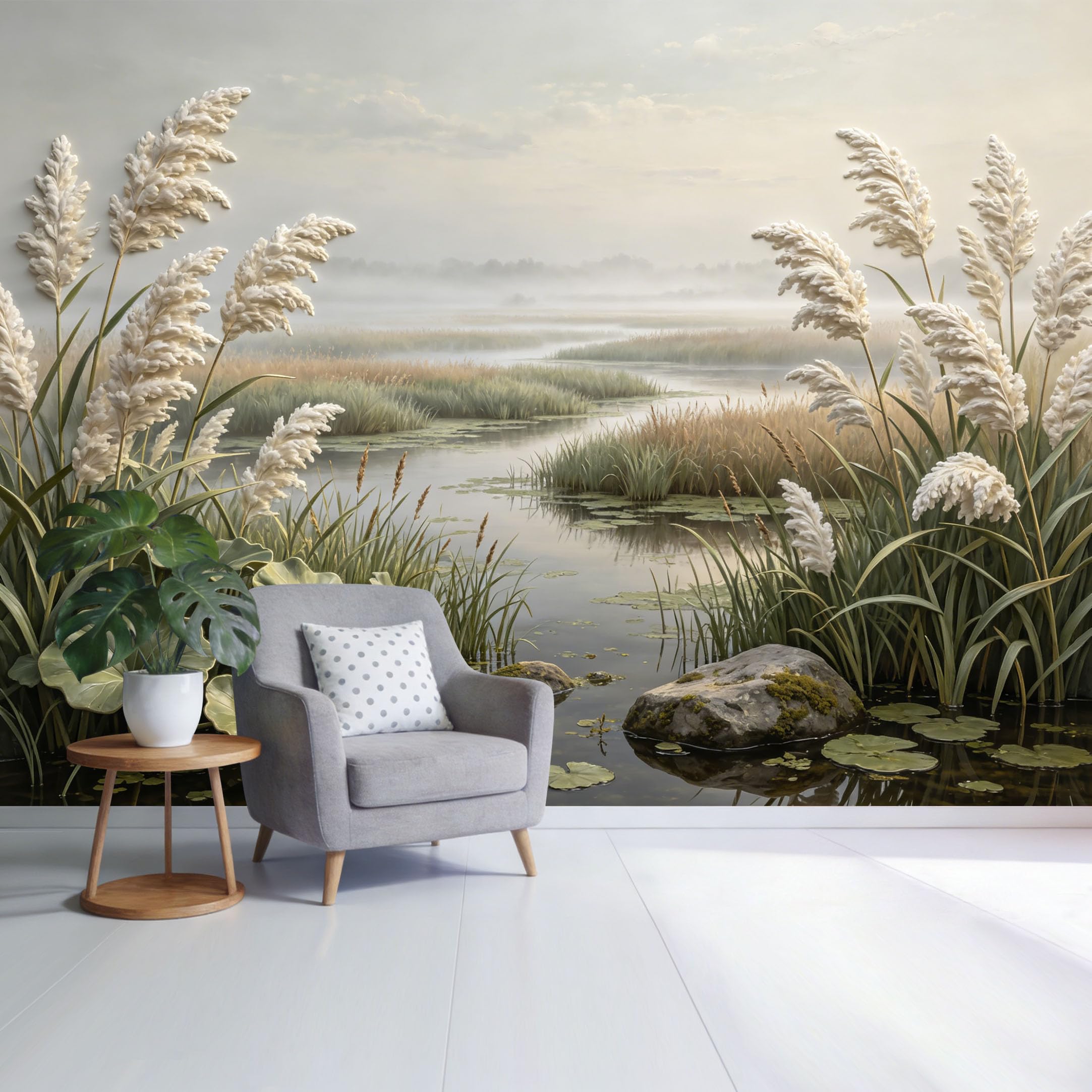 Custom Size Wall Mural Serene Marsh Landscape with Reeds and Water Lilies Misty Morning Botanical Nature Scene SelfAdhesive Wall Fabric Removable Wallpaper for Home Office Decor