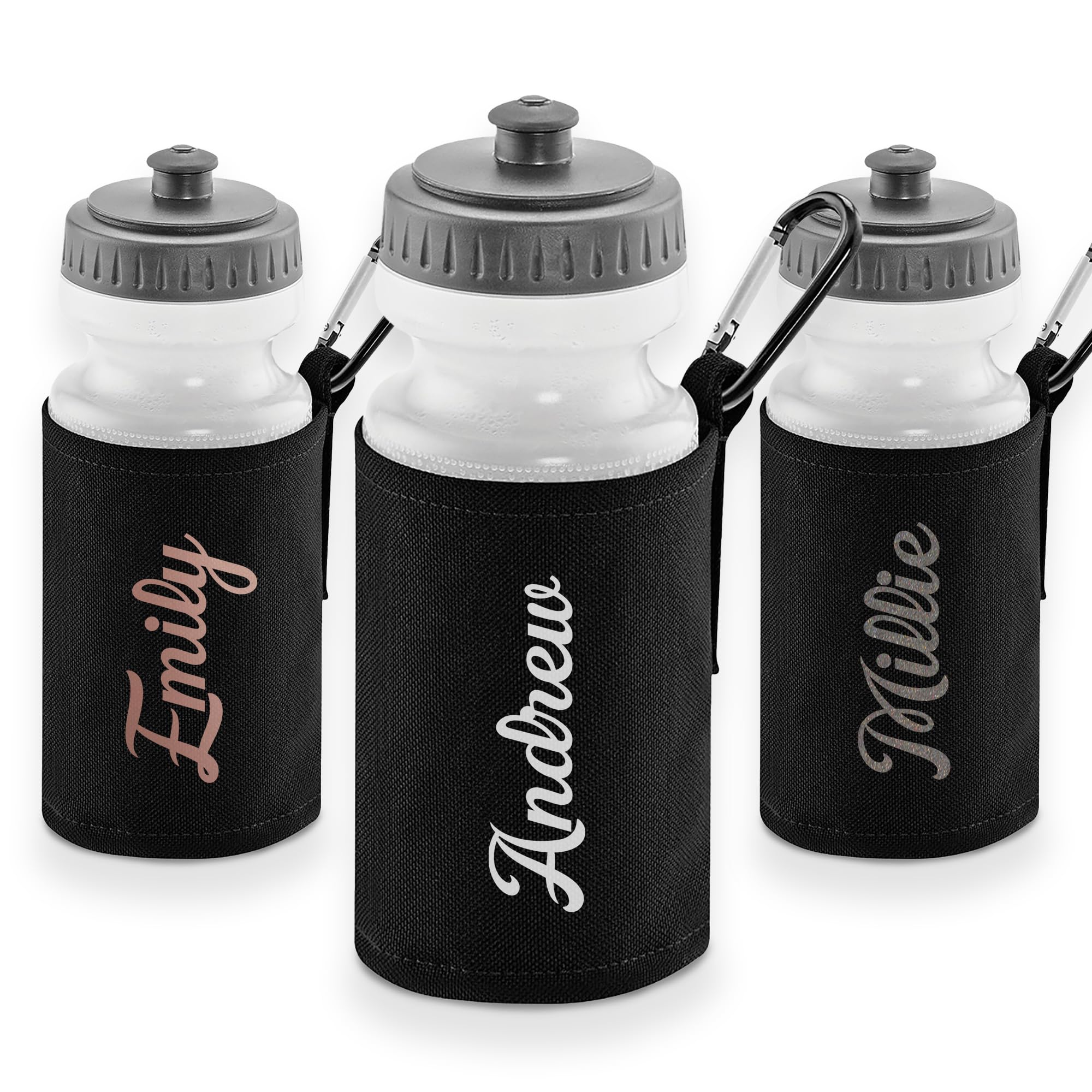 Personalised Kids Water Bottle with Custom Name Printed Sleeve โ Stylish Fashion Text Design โ 500ml BPA Free Reusable School & Sports Drink Flask with Carabiner Clip โ 9 Colours for Boys & Girls