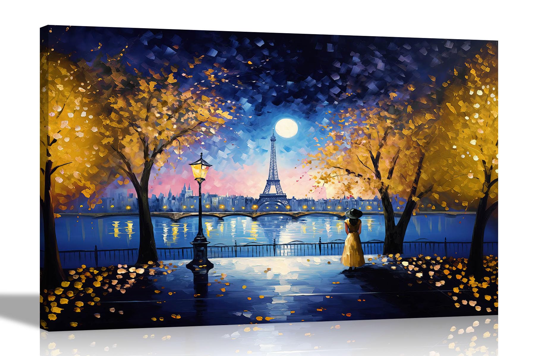 Artley Prints - Moonlight Eiffel Tower Yellow Canvas Prints for Bedroom, Living Room - Wall Art City Pictures to Hang 76 x 50cm (30 x 20 inches)