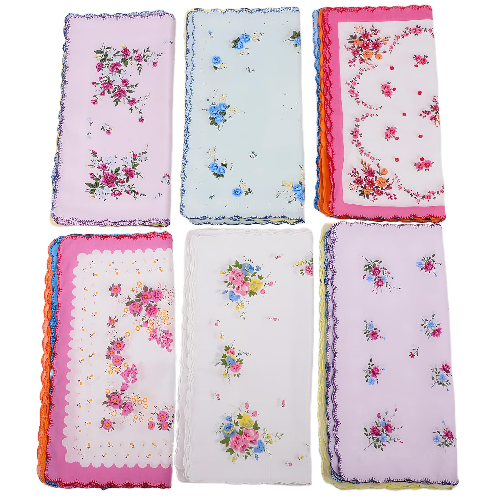 Soft Cotton Handkerchiefs for Women - 12 Pack Vintage Ladies Hankies | 6 Floral Designs (Each 2 Colors), 12x12 Inch for Tea Party Favors & Wedding Decorations