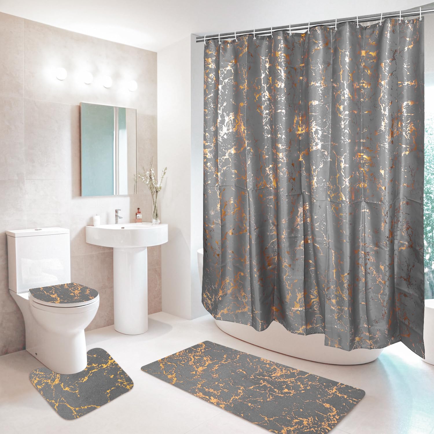Badematten & Badteppiche Set 4 Teilig Badezimmerteppich Waschbar Badematte rutschfest,Wc Vorleger Mit Ausschnitt Badematte Und Duschvorhang,Badvorleger Toilette Teppich 50×80Cm Grauer Marmor
