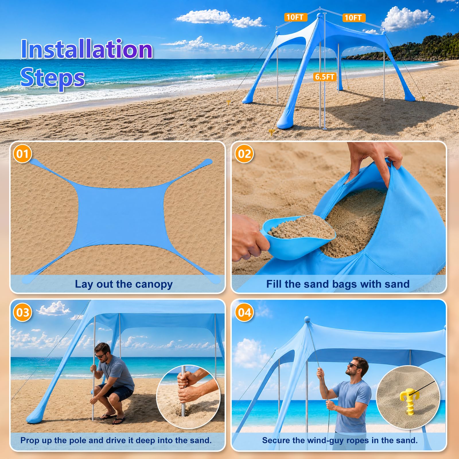 Tienda de Playa portátil Familiar, protección UV, toldo para Camping y Playa, Refugio con Anclajes de Arena y Barras de Aluminio, 10x10FT, Azul Cielo