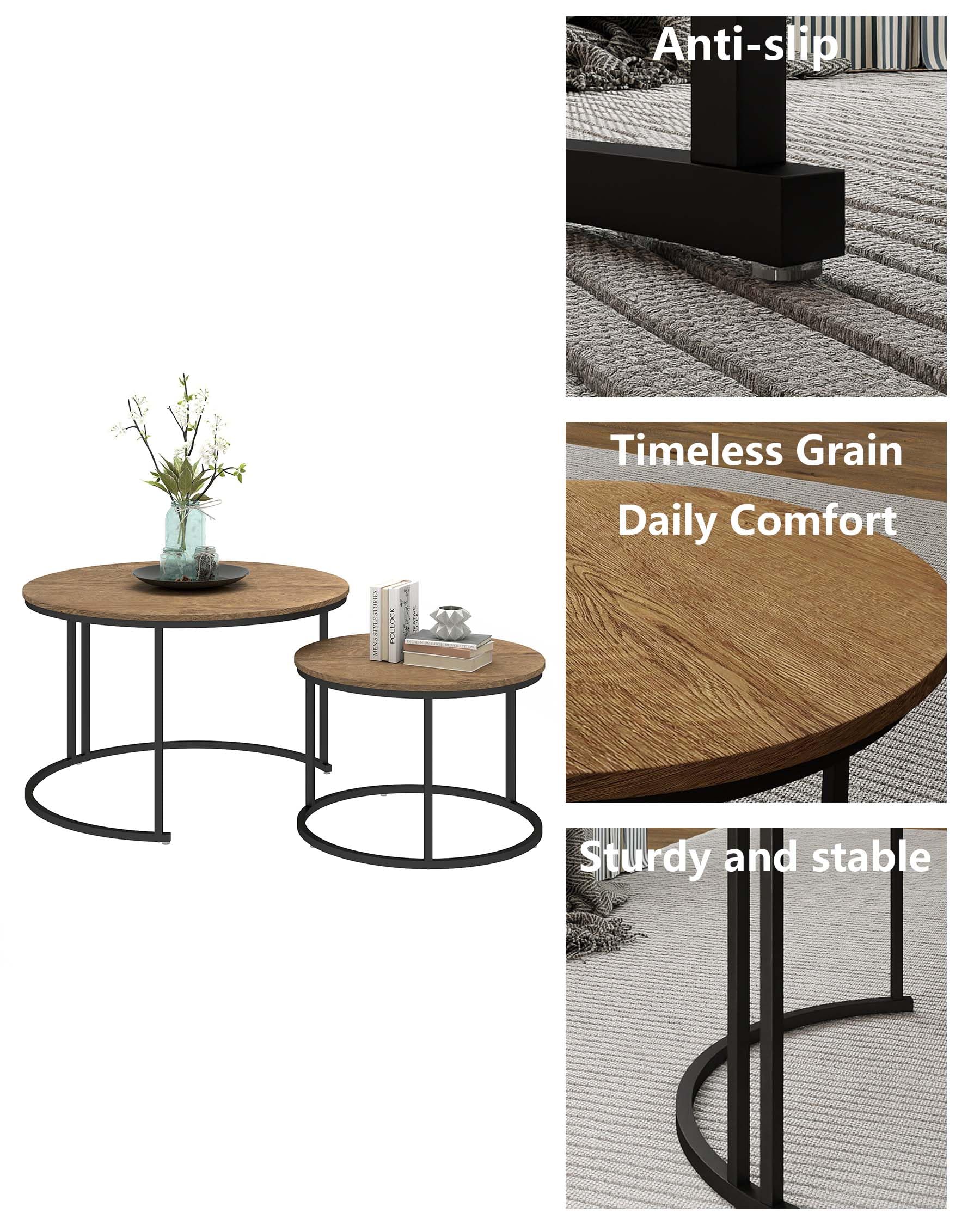 Tavolino Rotondo da Salotto, Tavolino da Salotto Legno Moderno, Tavolo Salvaspazio con cornice nera, Coffee Table 2 pezzi