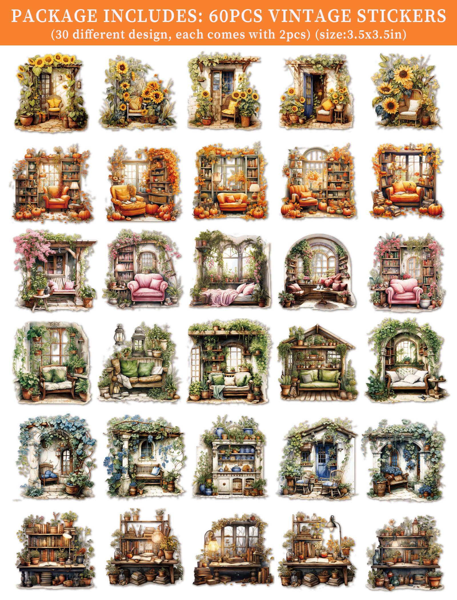 60 Stück Vintage-Scrapbooking-Zubehör, Blumenfenster, Scrapbook-Aufkleber, ästhetisches Papier für Tagebuch, Buch, Pflanze, Sofa, gemütliches Haus, Collage, Decoupage, dekorative Aufkleber für