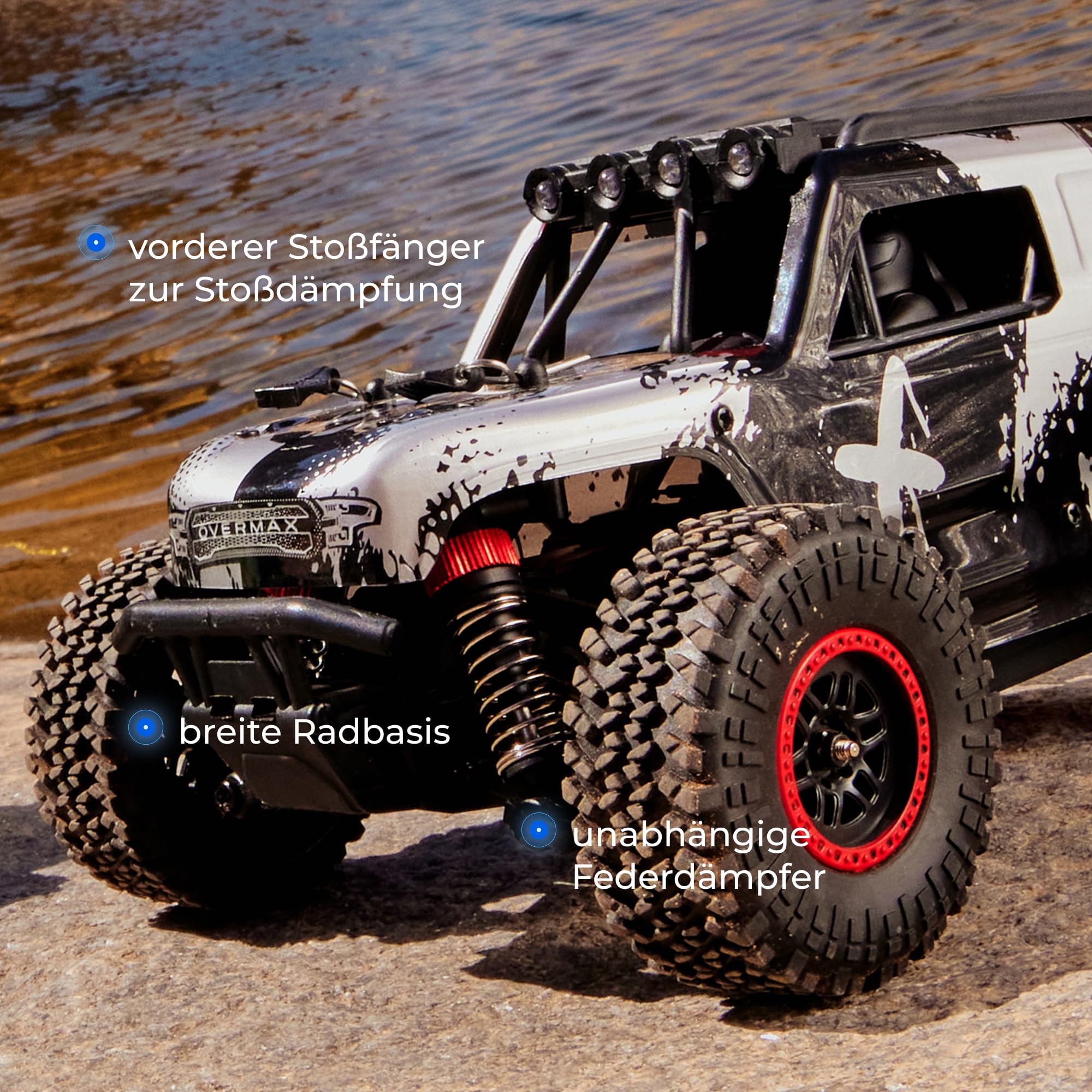 Overmax X-Jackal Ferngesteuertes RC-Auto 4WD, 30 km/h, Maßstab 1:20, 14+ | 370er Bürstenmotor, Proportionale Steuerung, 80 m Reichweite, Einzelradfederung, LEDs in 5 Farben, Li-Ion-Akku, ab 14 Jahren