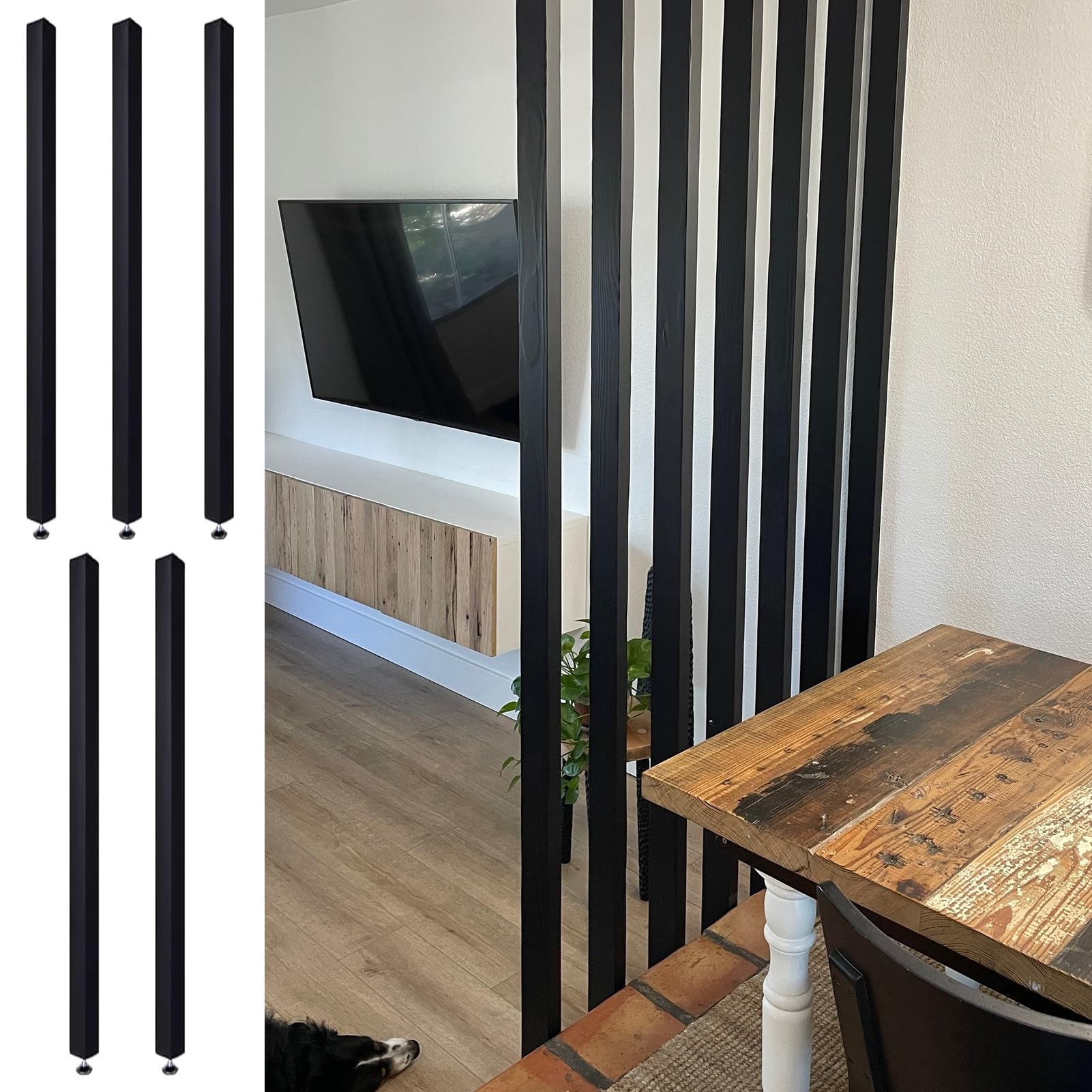Przegroda do pokoju DIY czarne drewniane listwy przegroda od podłogi do sufitu do salonu jadalni gabinetu - instalacja bez wiercenia 5 paneli 190 cm wysokości