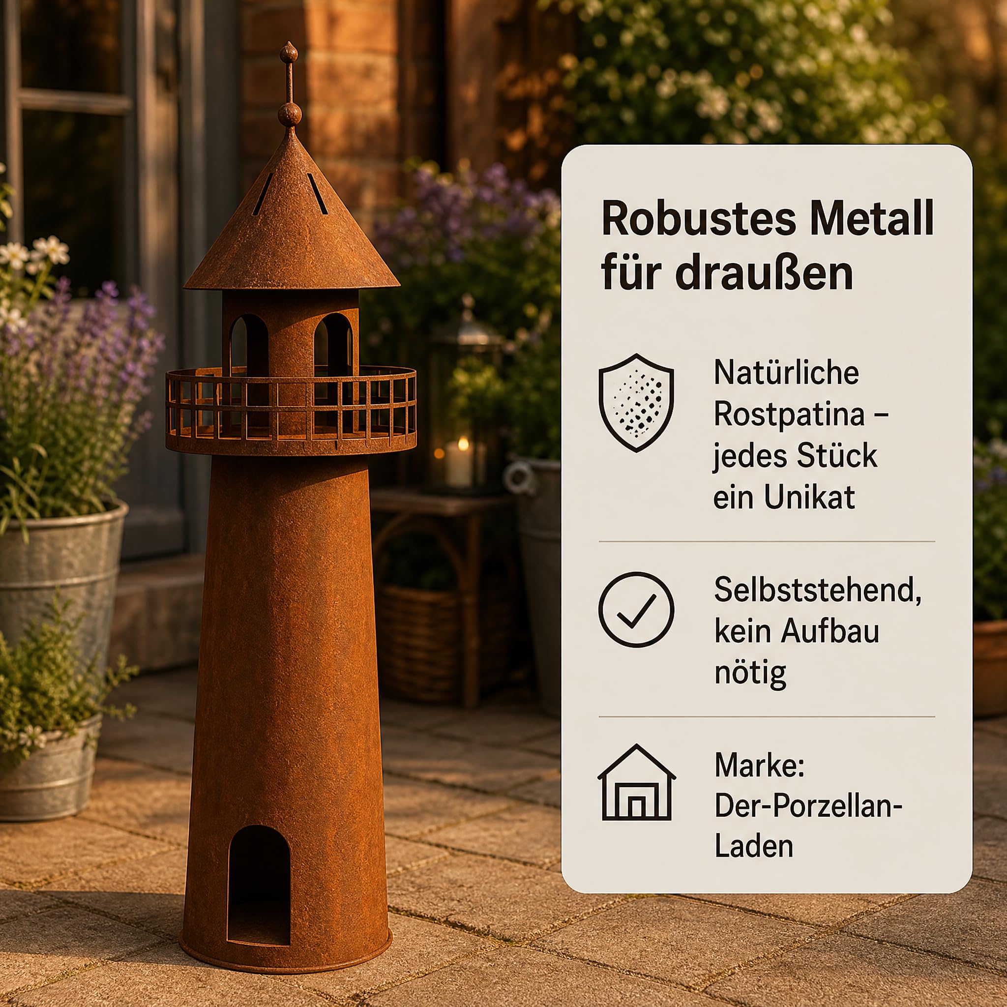 Leuchtturm Deko Edelrost, Gartendeko Metall, 60 cm | Maritime Rostdeko für Garten, Terrasse & Balkon – selbststehend, wetterfest, mit Hohlkörper für stimmungsvolle Beleuchtung