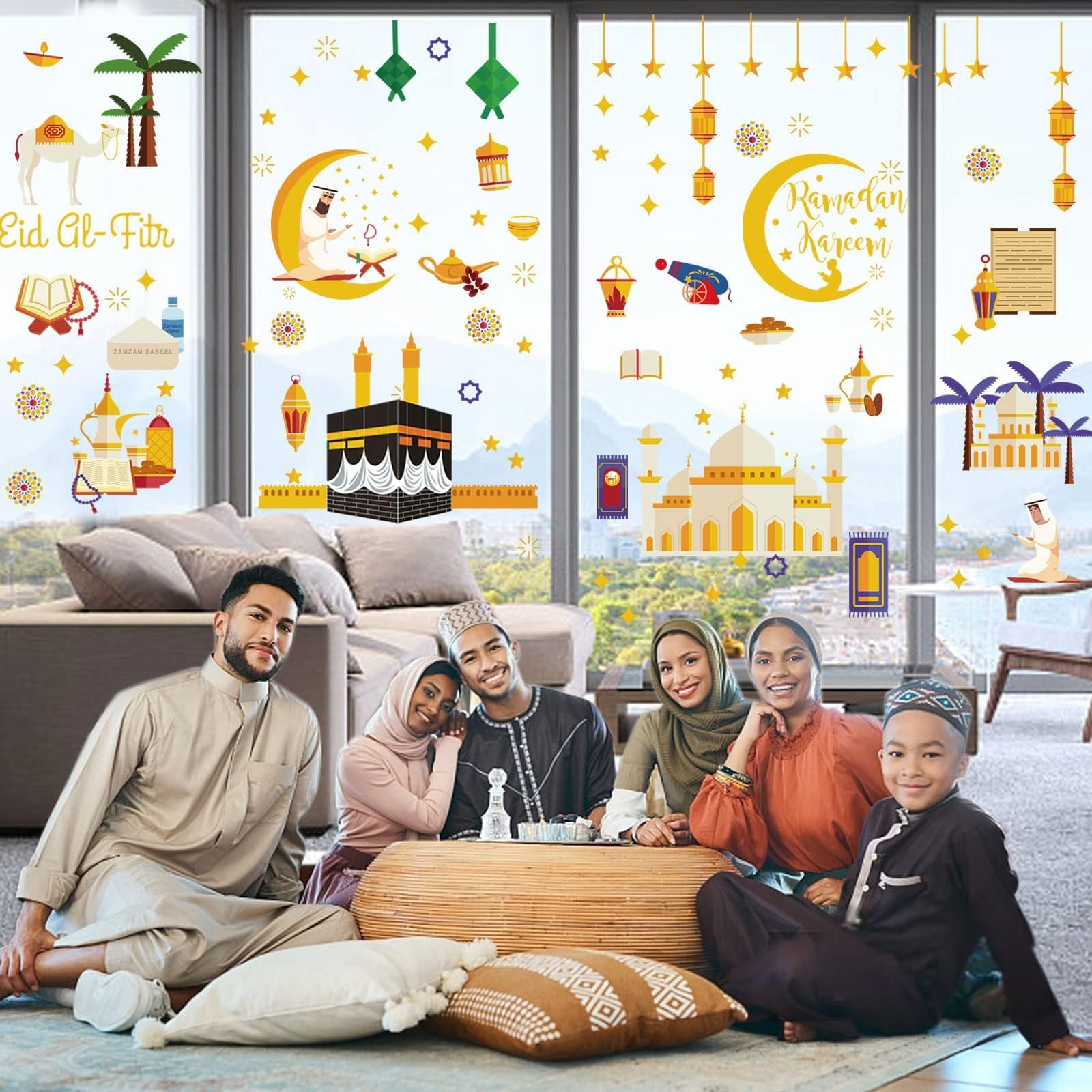 Herbruikbare raamsticker | Maan met moskee | Raamstickers | Islamitische feestdagen