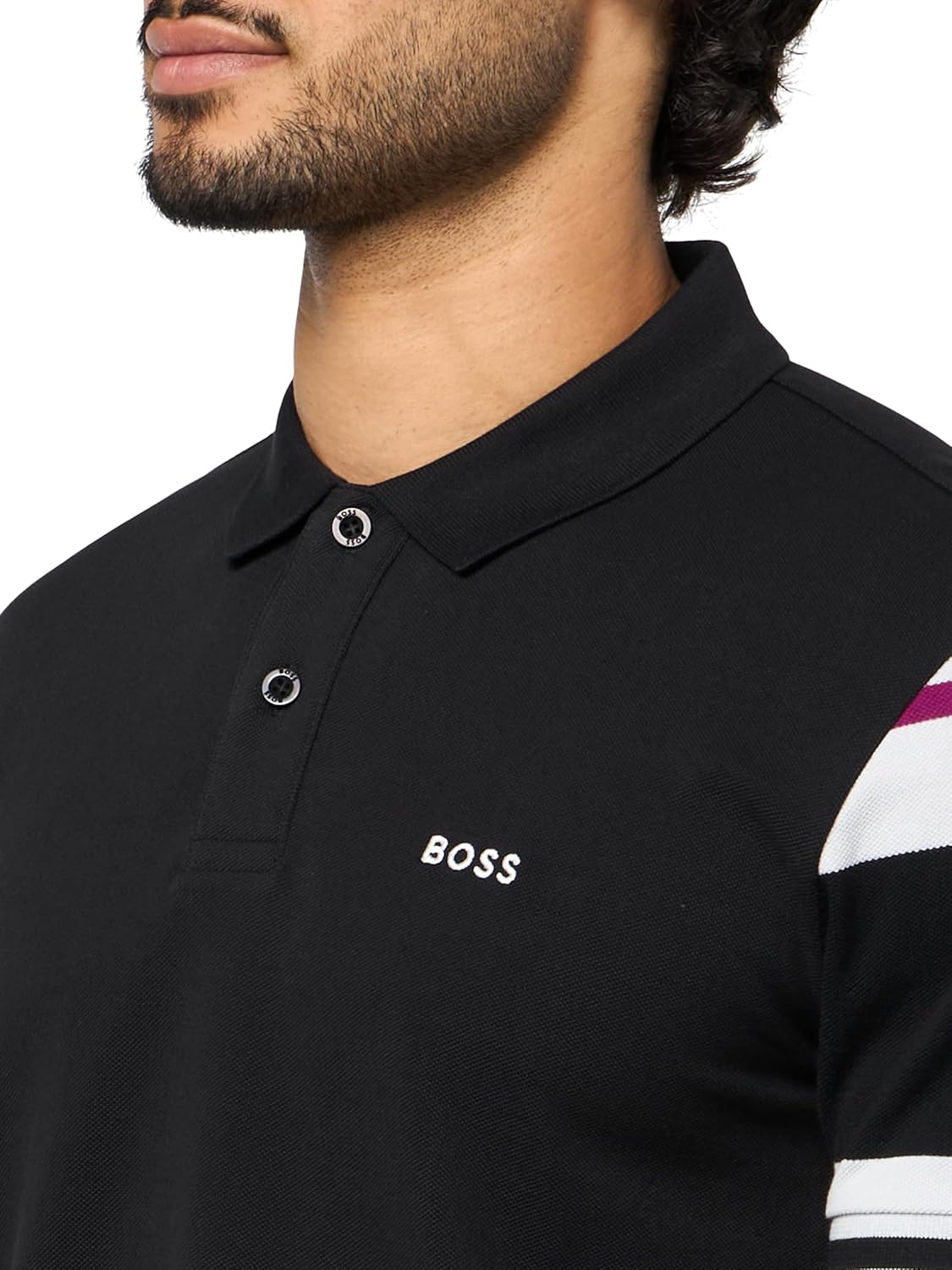 BOSS Mens Stripe Sleeve Interlock Cotton Polo Shirt - Image 3