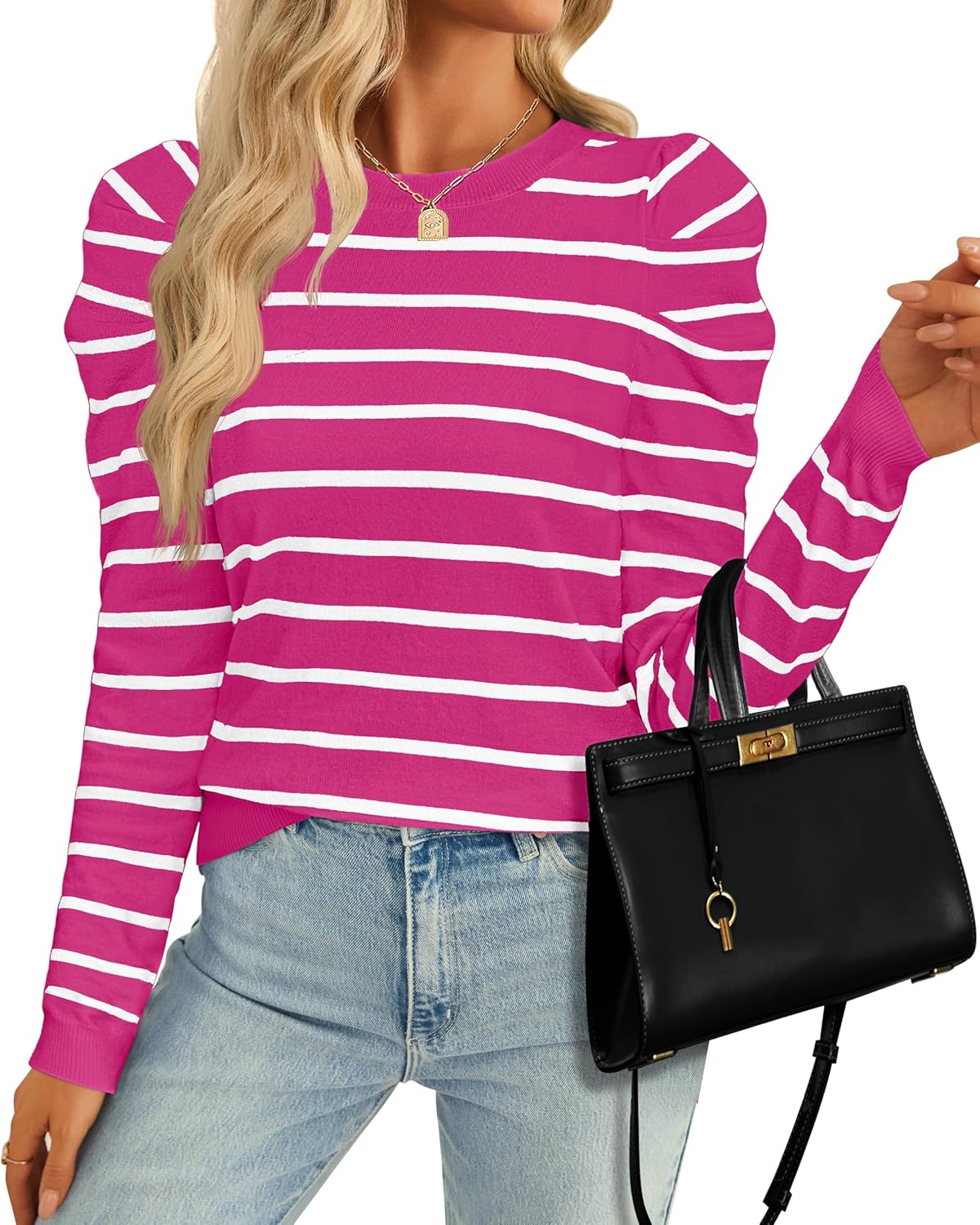 (Small) ZESICA Women's Striped Puff Long Sleeve Tops Fall Crewneck Ribbed Knit Casual Pullover Sweaters Rose Small