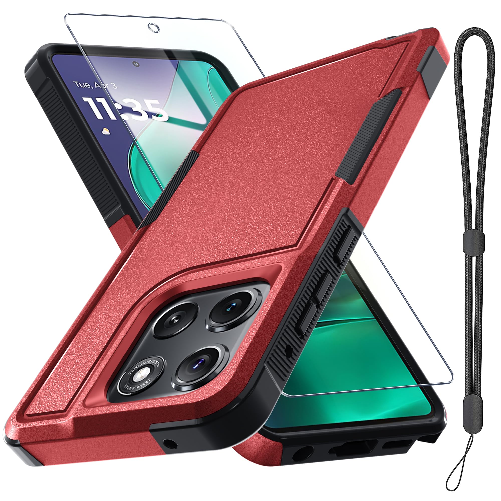 RMOCR for Moto G Stylus 5G 2025 Case, Full Body Heavy Duty Rugged Shockproof Protective Phone Cover with Lanyard Strap, Tempered Glass Screen Protector, Red