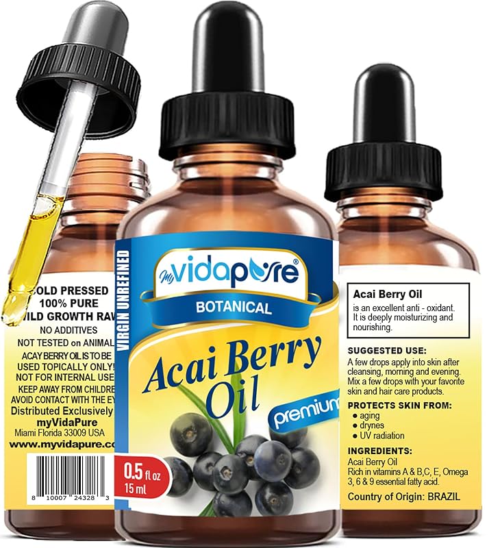 Óleo de Açaí MYVIDAPURE virgem, não refinado e não diluído, 15 mL