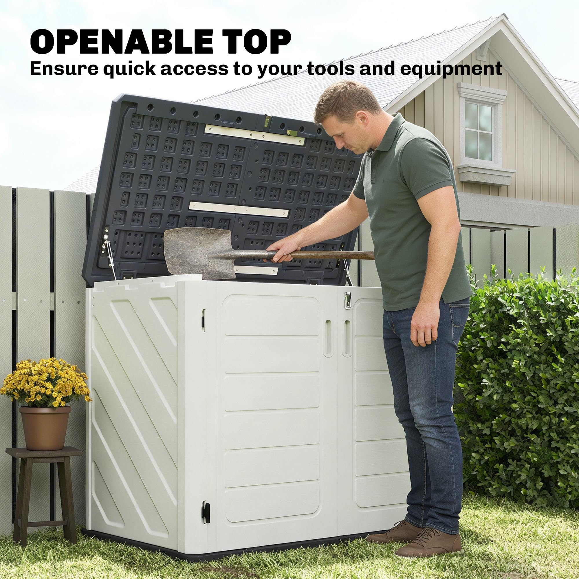 Outsunny Outdoor Storage Cabinet, 35 Cu.Ft Waterproof Outdoor Storage Shed with Lockable Doors and Openable Top for Garbage Bins, Generator and Lawn Mower, Assembly - 5