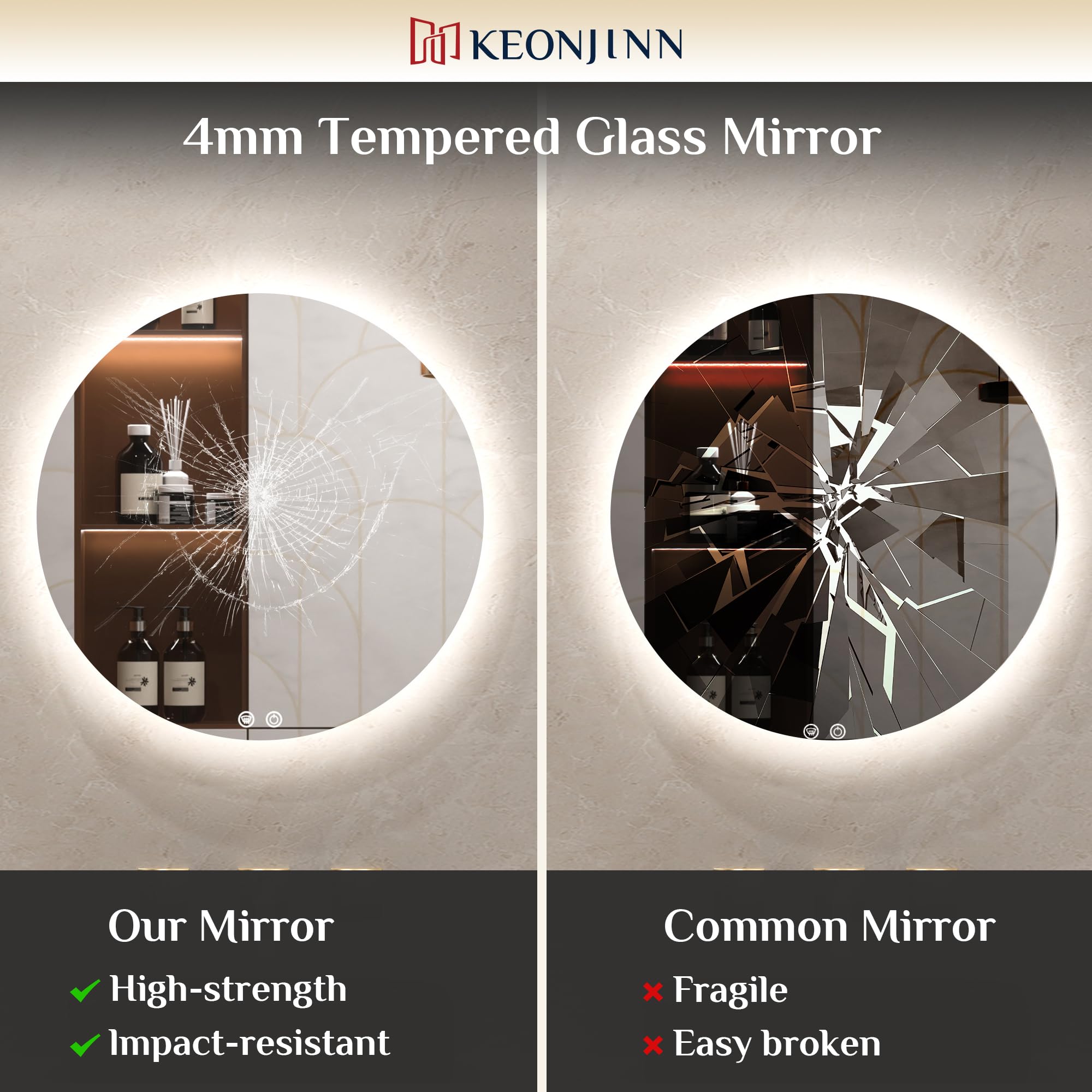 Keonjinn 28 Specchio da bagno rotondo a LED oro 3000K/4500K