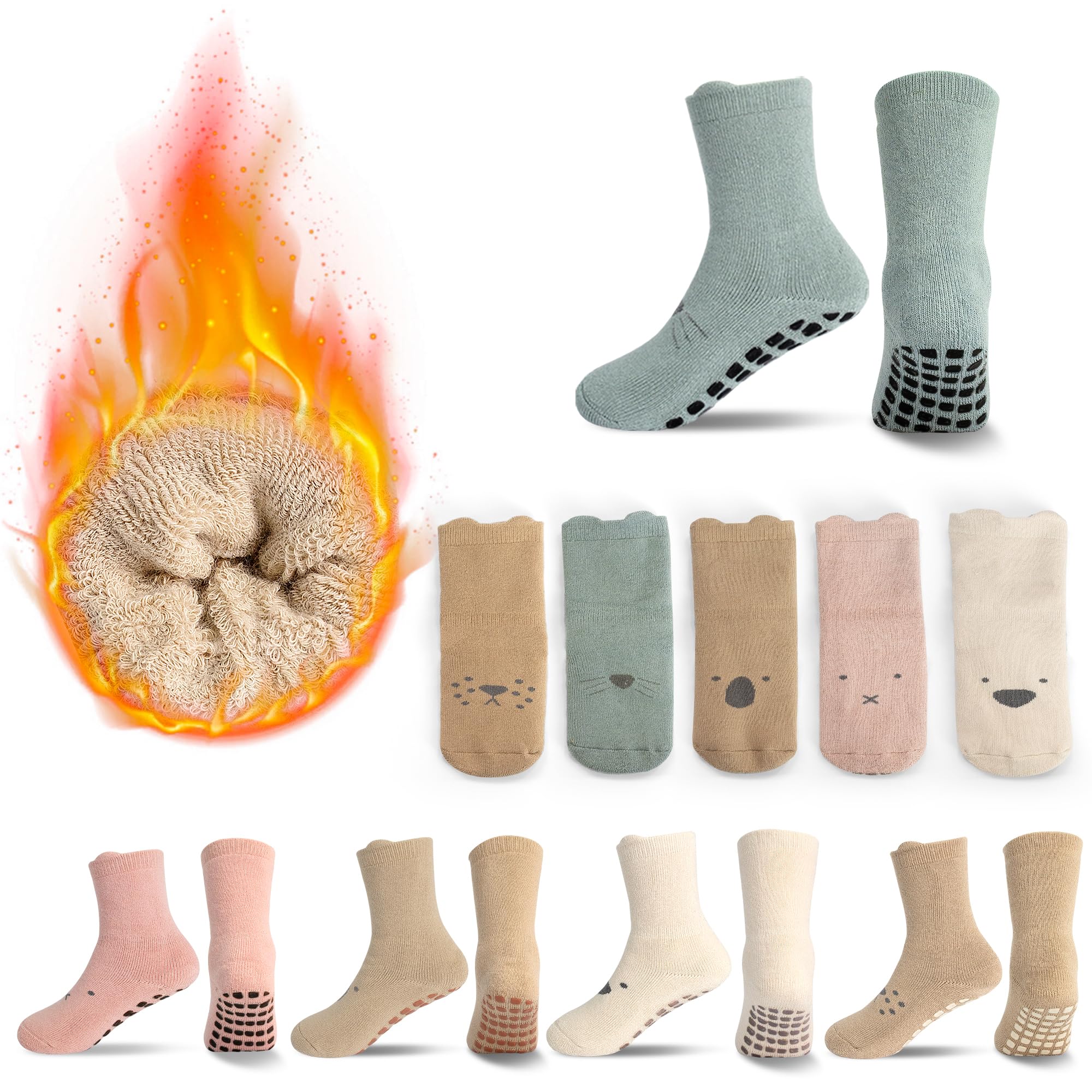DECOVICI Non Slip Toddler Socks, Baby Socks with Grippers for Boys Girls, Thicken Warm Winter Sock for 0-5 Years 5 Pairs