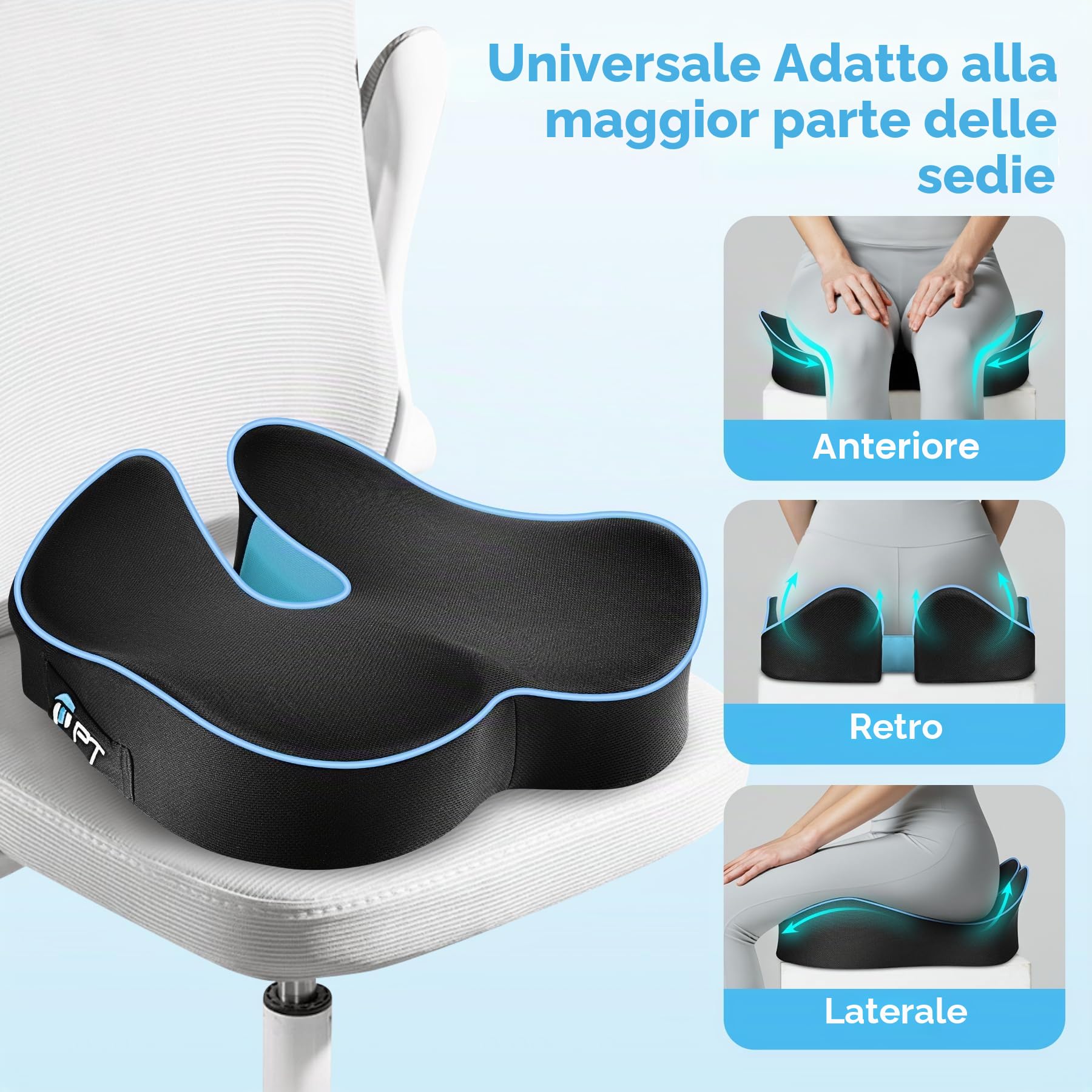 POOTACK Cuscino nero con bordo blu e maniglia per il trasporto, cuscino in memory foam per sedie da ufficio, antiscivolo e traspirante, portatile per sedili auto, sedie a rotelle e sedie da gioco