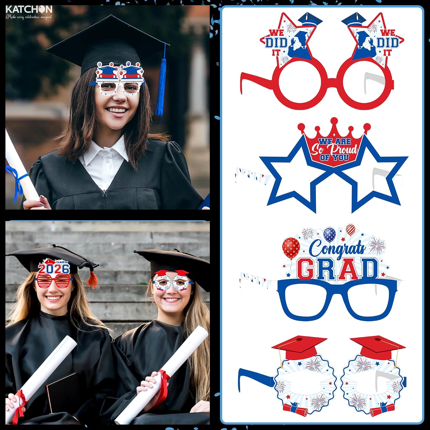 KatchOn, Red and Blue Graduation Party Glasses 2026 - Pack of 12 | Graduation Glasses 2026, Red and Blue Graduation Decorations 2026 | Graduation Photo Booth Props for 2026 Graduation Decorations