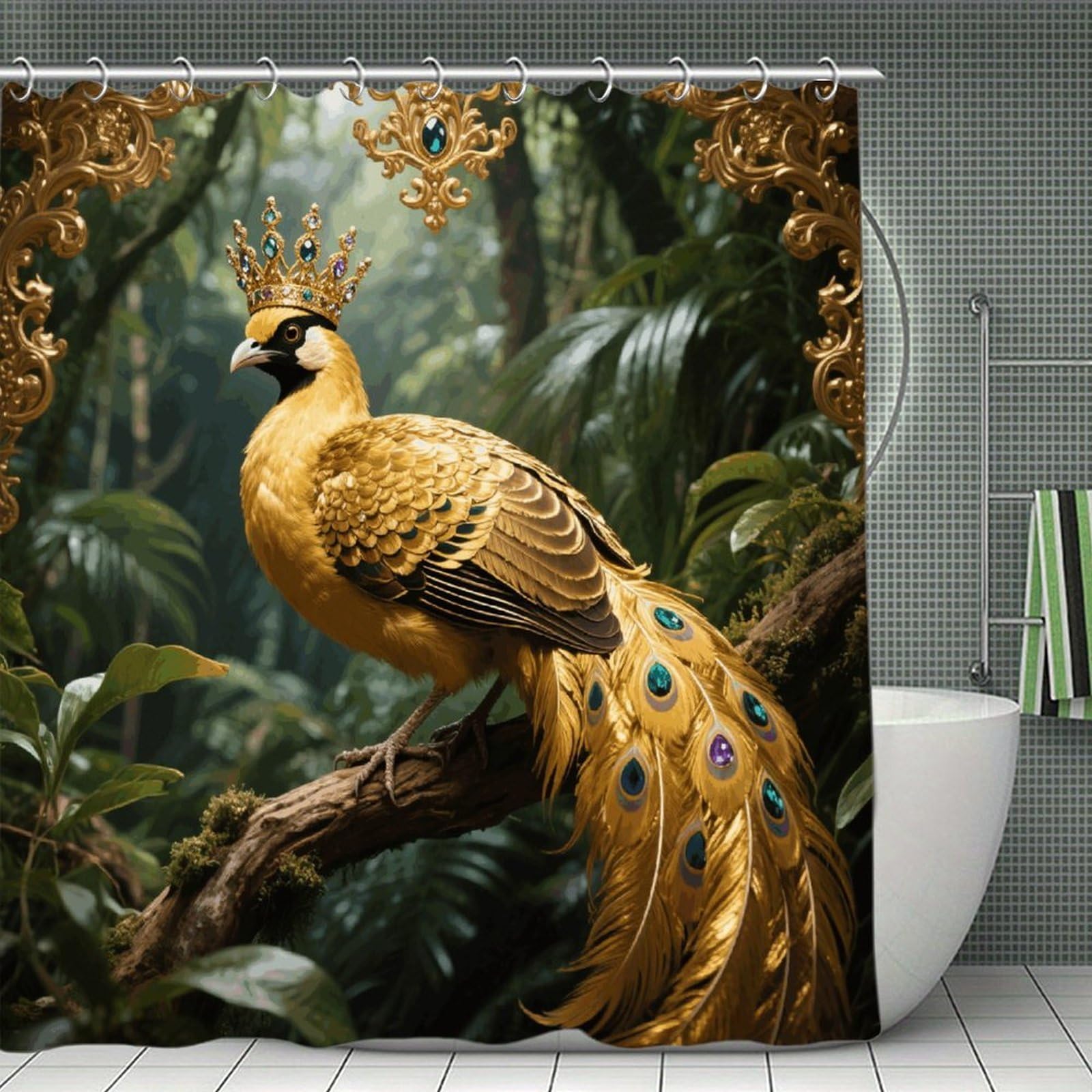 VstaDank Golden Bird Shower Curtain Waterproof Bathroom Shower Curtain with C Type Hooks Soft Lightweight Shower Curtains Liner Washable Polyester Cloth Shower Liner 71x71 Inch