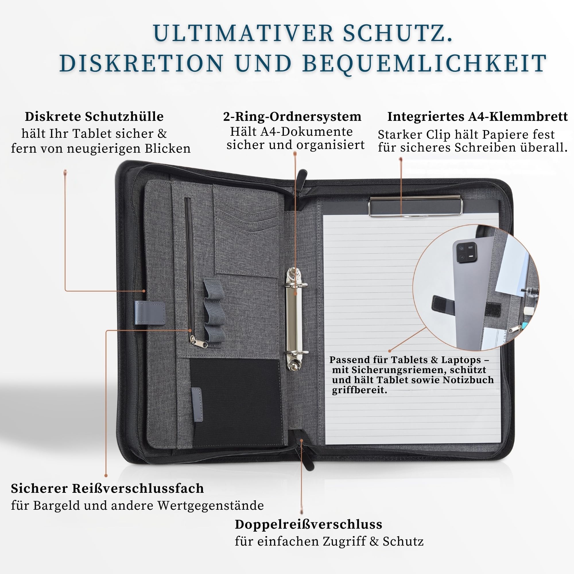 AMKSONS A4 Konferenzmappe mit Reißverschluss & 2-Ringbuch – Schreibmappe A4 mit Tabletfach, Klemmbrett, Notizblock, Kartenfächer – Stoff Dokumentenmappe, Ringmappe Organizer DIN A4 Schwarz
