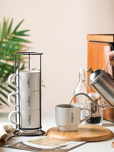 Miniatura 4 de KOKUNKA Tazas de café con estante, tazas de café de cerámica grandes de 13 onzas para café, té, cacao, leche, bebidas de chocolate, aptas para