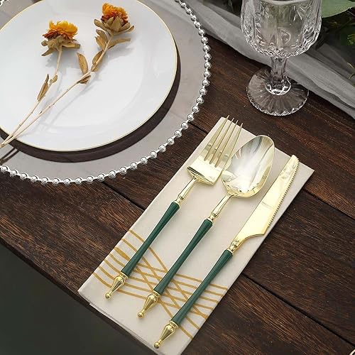 Miniatura 9 de Efavormart - Juego de 24 utensilios de plástico europeo con purpurina doradaesmeralda cazadora con mango de columna romana, tenedor desechable,