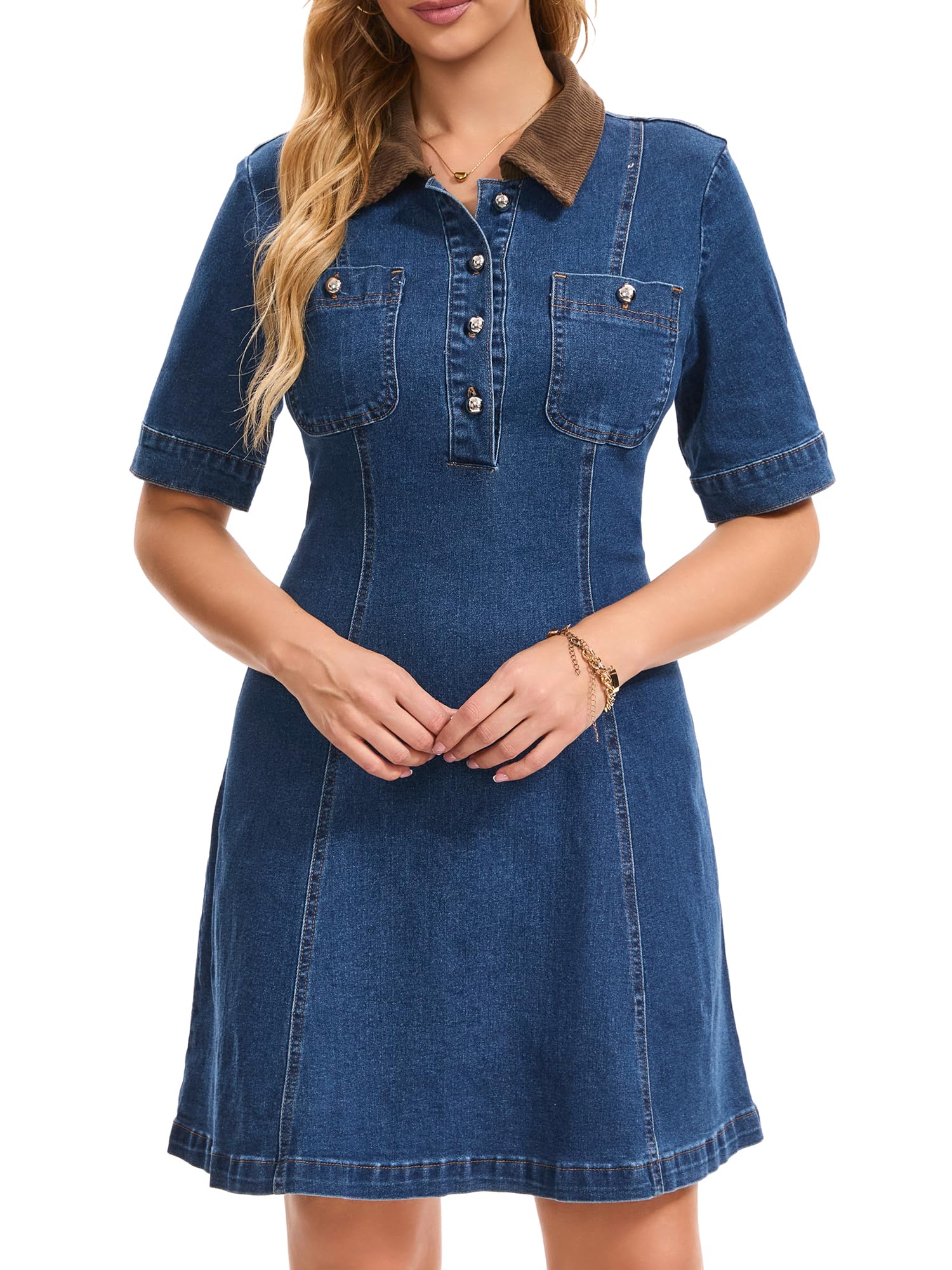 Vestido Vaquero de Mujer Estilo Vintage con Cuello, Botones, Manga Corta, Corte Entallado y Falda Acampanada.