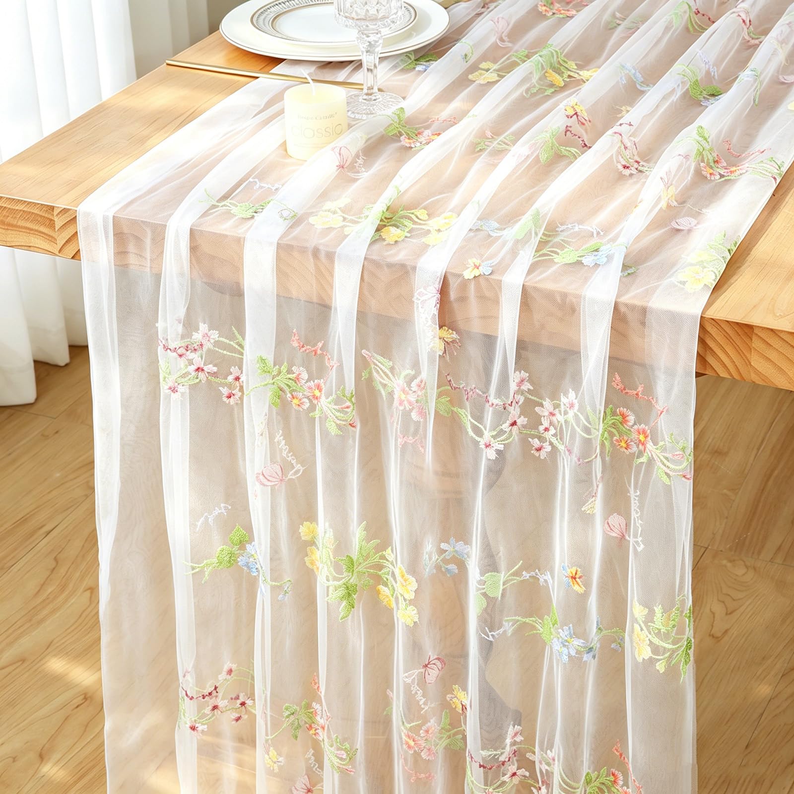Gauze Table Runner White 75x300 cm Embroidery Flowers Table Runners Sheer Cheesecloth Tablecloth Floral Chiffon Wedding Table Decoration Tulle Table Cover Dining Kitchen Party Birthday Decor